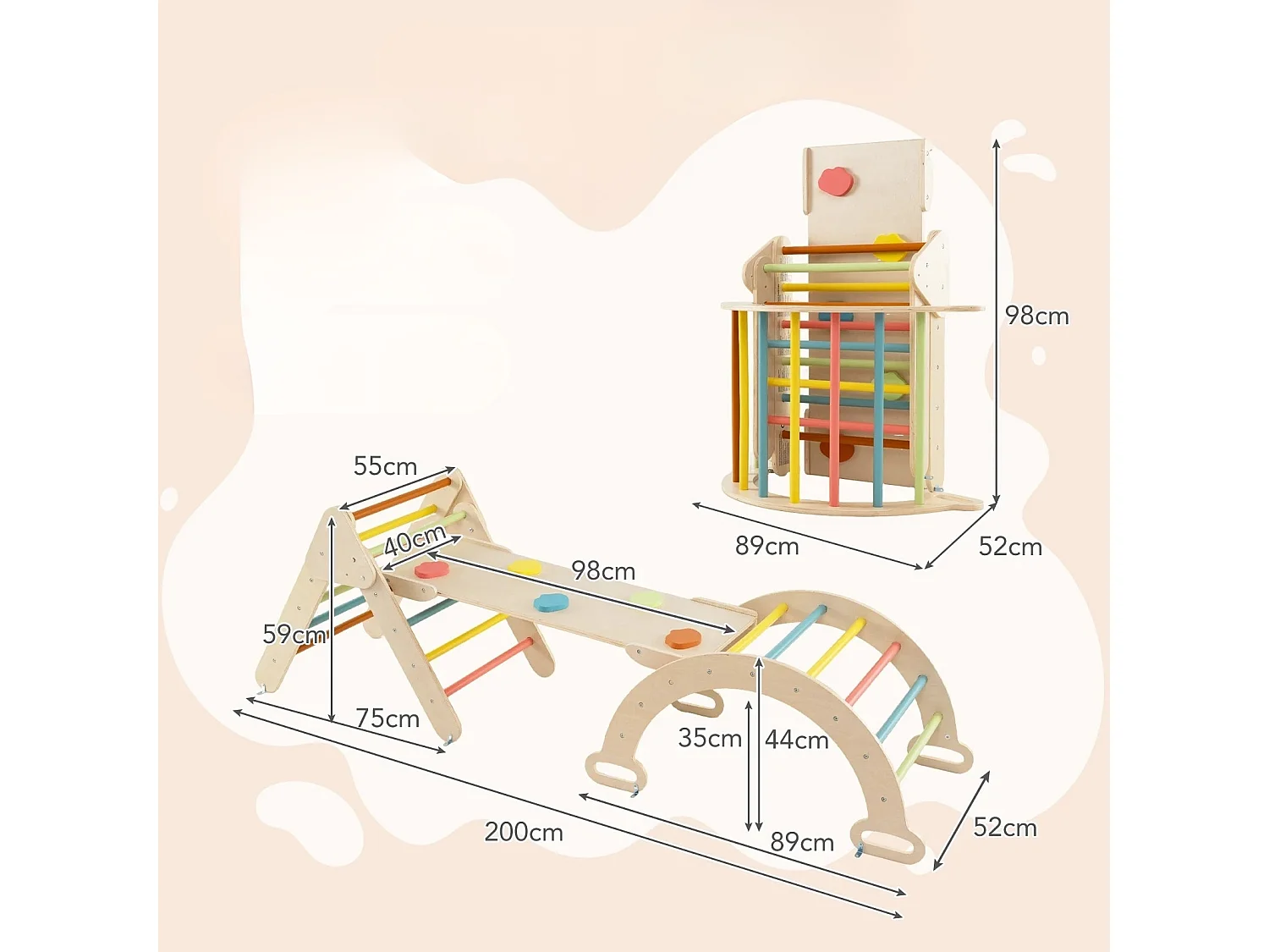 4 in 1 Kletterdreieck mit Rutsche & Kletterbogen & Doppelseitige Rampe Klettergerüst Macaron