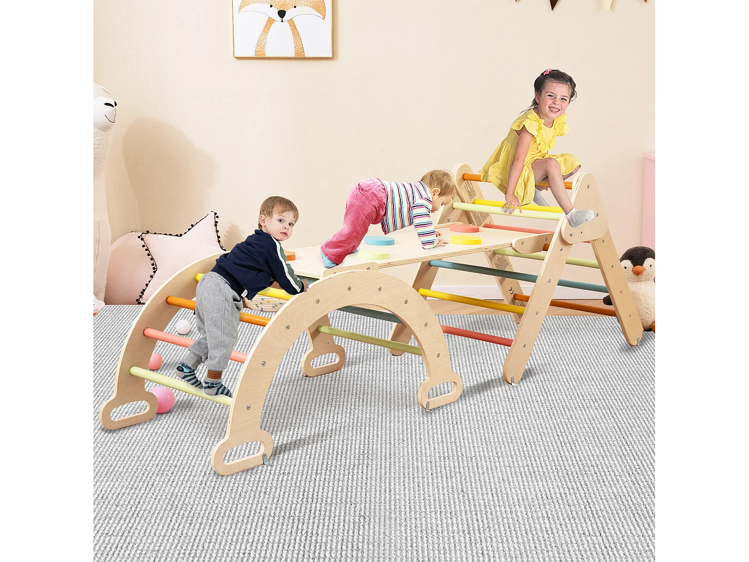 4 in 1 Kletterdreieck mit Rutsche & Kletterbogen & Doppelseitige Rampe Klettergerüst Macaron