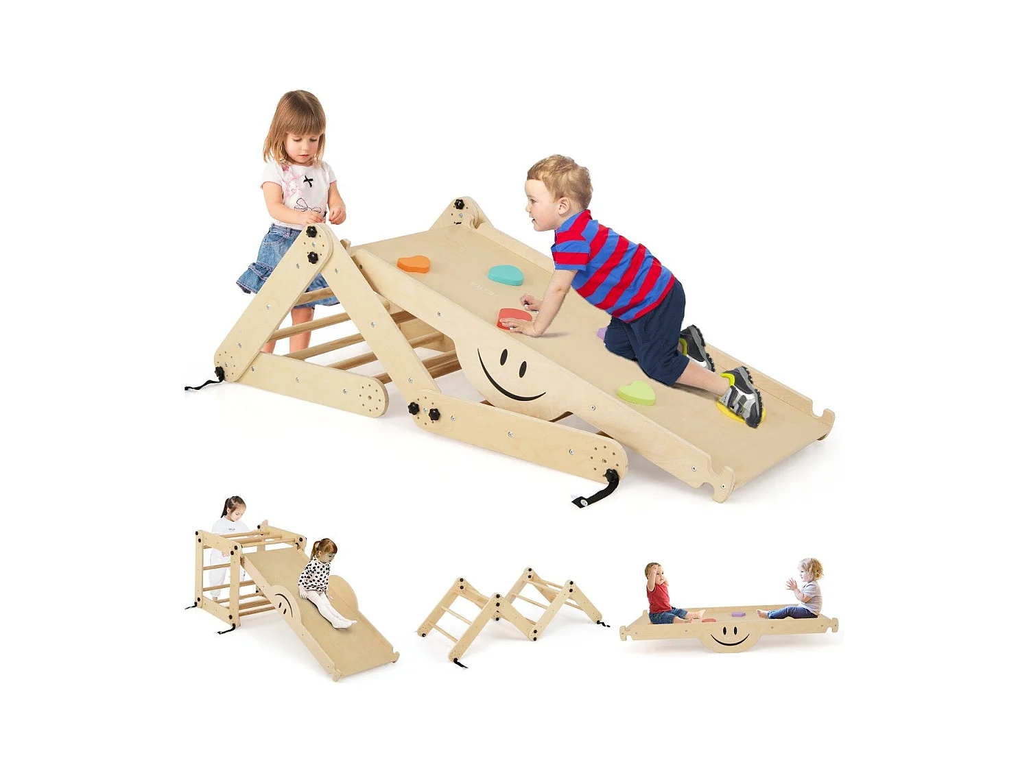 Set da arrampicata montessori per bambini, Giochi da arrampicata pieghevoli in legno con rampe regolabili Naturale