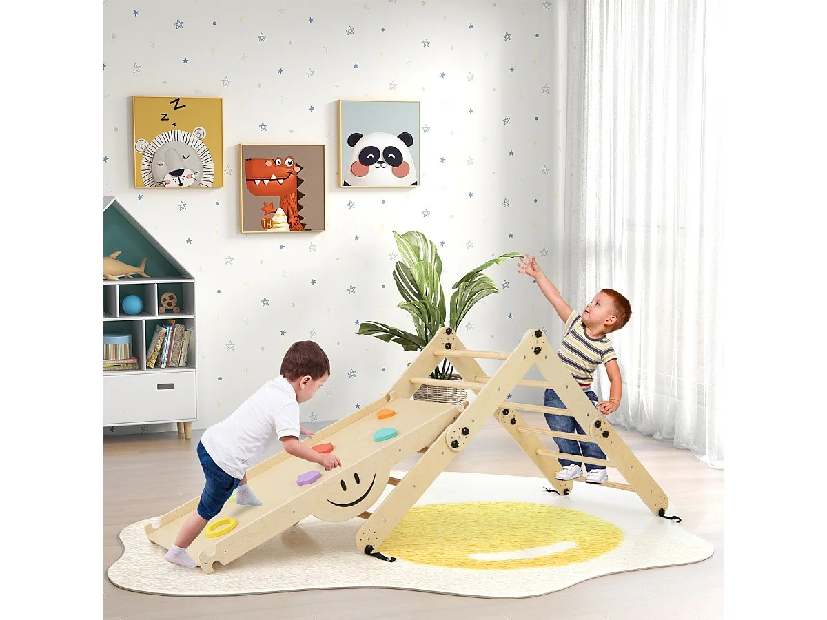 Ensemble d'Escalade Montessori pour Tout-petits Jouets d'Escalade Pliables en Bois Rampe Bascule Réglable et Réversible Rochers Naturel