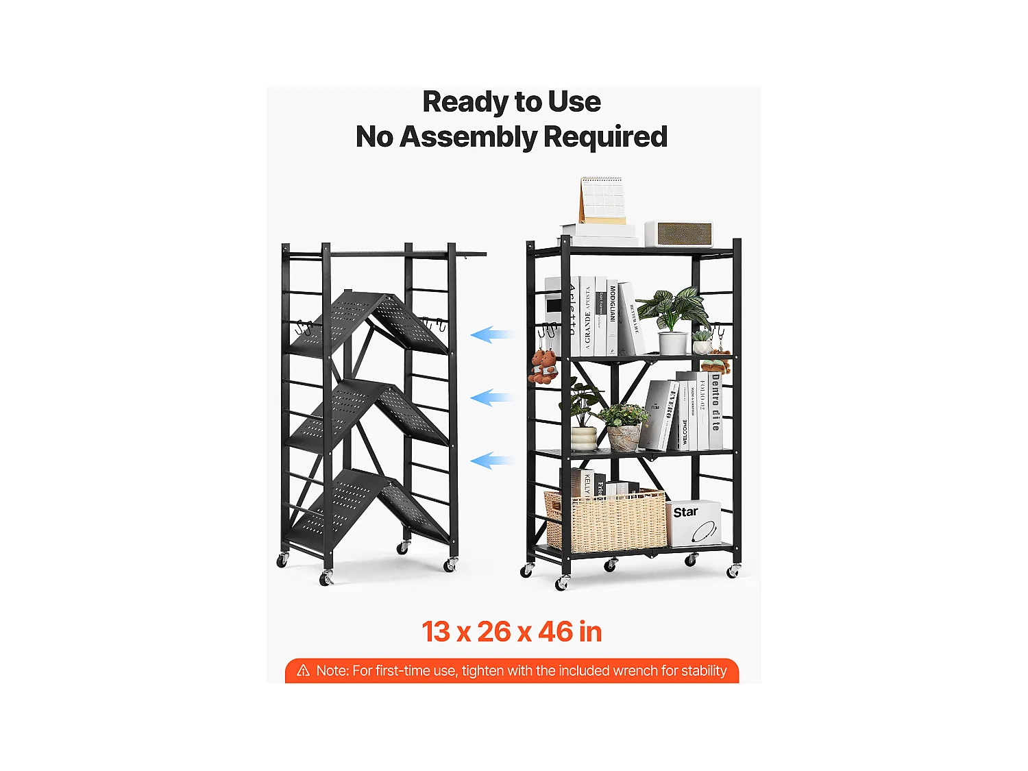 Estante Plegable SucceBuy Estantería Plegable de 4 Niveles, 66 x 33 x 117 cm, Metal Resistente, con 5 Ruedas y 4 Ganchos, para Cocina, Garaje y Sótano. Color Negro