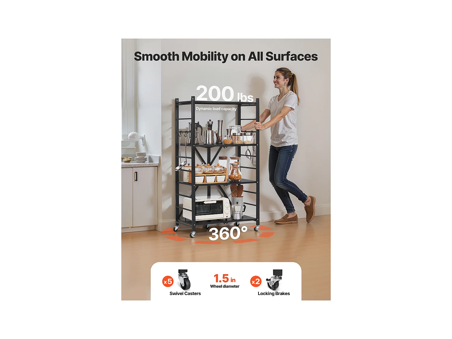 Estante Plegable SucceBuy Estantería Plegable de 4 Niveles, 66 x 33 x 117 cm, Metal Resistente, con 5 Ruedas y 4 Ganchos, para Cocina, Garaje y Sótano. Color Negro