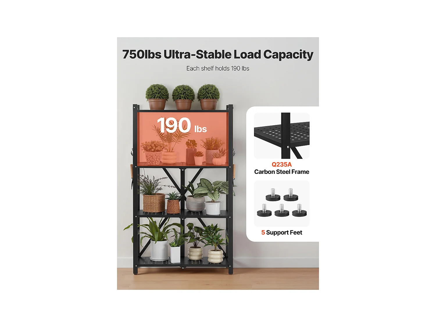 Estante Plegable SucceBuy Estantería Plegable de 4 Niveles, 66 x 33 x 117 cm, Metal Resistente, con 5 Ruedas y 4 Ganchos, para Cocina, Garaje y Sótano. Color Negro