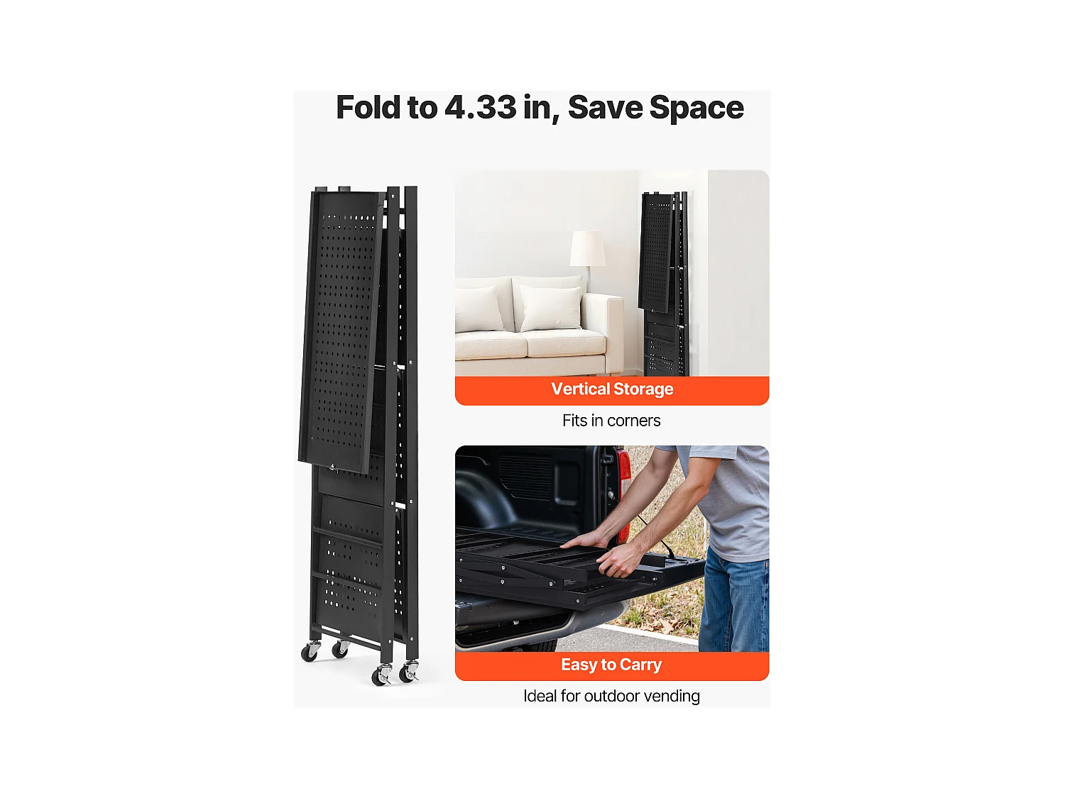 Estante Plegable SucceBuy Estantería Plegable de 4 Niveles, 66 x 33 x 117 cm, Metal Resistente, con 5 Ruedas y 4 Ganchos, para Cocina, Garaje y Sótano. Color Negro