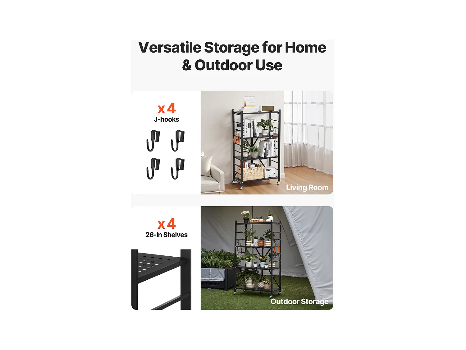 Estante Plegable SucceBuy Estantería Plegable de 4 Niveles, 66 x 33 x 117 cm, Metal Resistente, con 5 Ruedas y 4 Ganchos, para Cocina, Garaje y Sótano. Color Negro