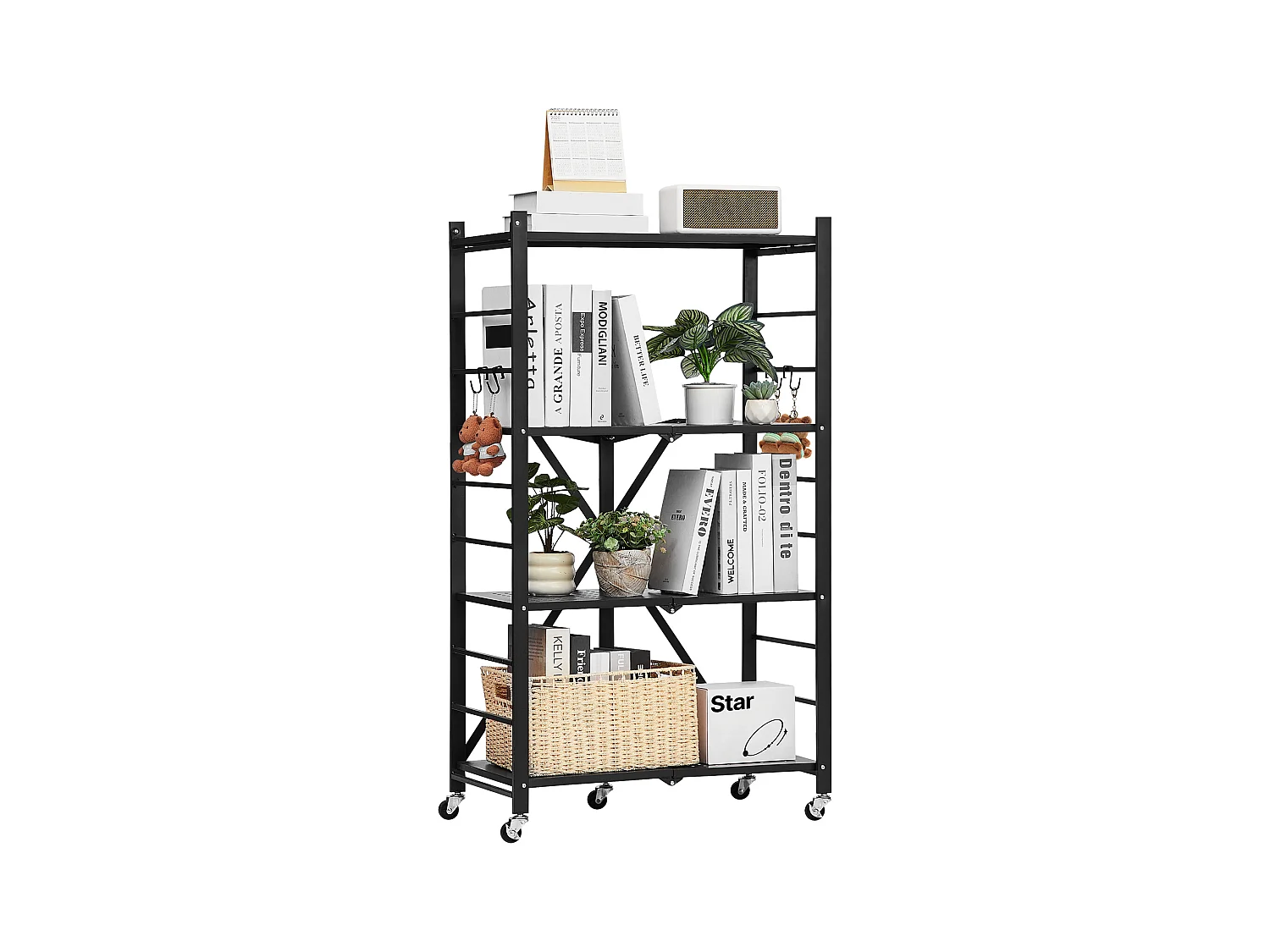 Estante Plegable SucceBuy Estantería Plegable de 4 Niveles, 66 x 33 x 117 cm, Metal Resistente, con 5 Ruedas y 4 Ganchos, para Cocina, Garaje y Sótano. Color Negro