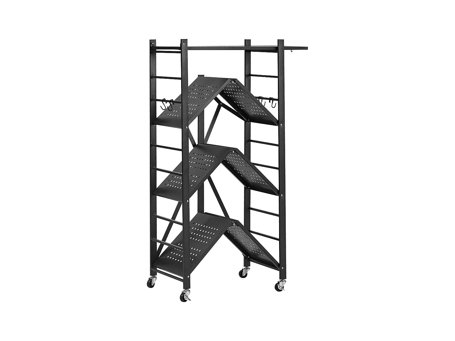 Estante Plegable SucceBuy Estantería Plegable de 4 Niveles, 66 x 33 x 117 cm, Metal Resistente, con 5 Ruedas y 4 Ganchos, para Cocina, Garaje y Sótano. Color Negro