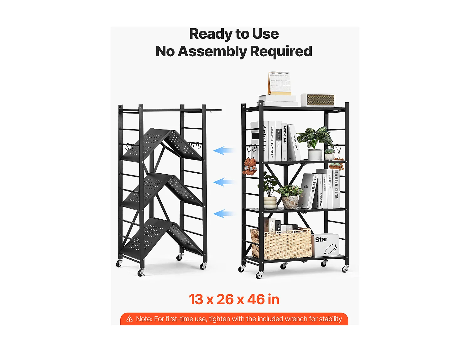 Etagère Pliable SucceBuy Étagère de Rangement Pliable à 4 Niveaux, 66 x 33 x 117 cm, en Métal, Robuste, avec 5 Roulettes et 4 Crochets, pour Cuisine, Garage, Noir