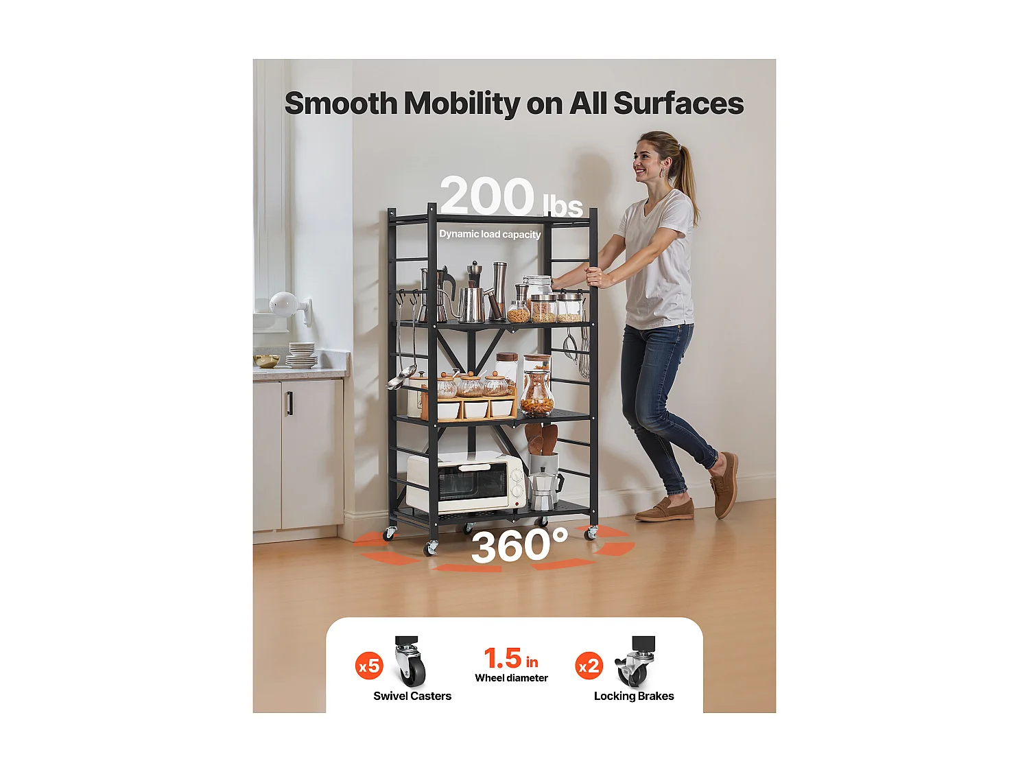 Etagère Pliable SucceBuy Étagère de Rangement Pliable à 4 Niveaux, 66 x 33 x 117 cm, en Métal, Robuste, avec 5 Roulettes et 4 Crochets, pour Cuisine, Garage, Noir