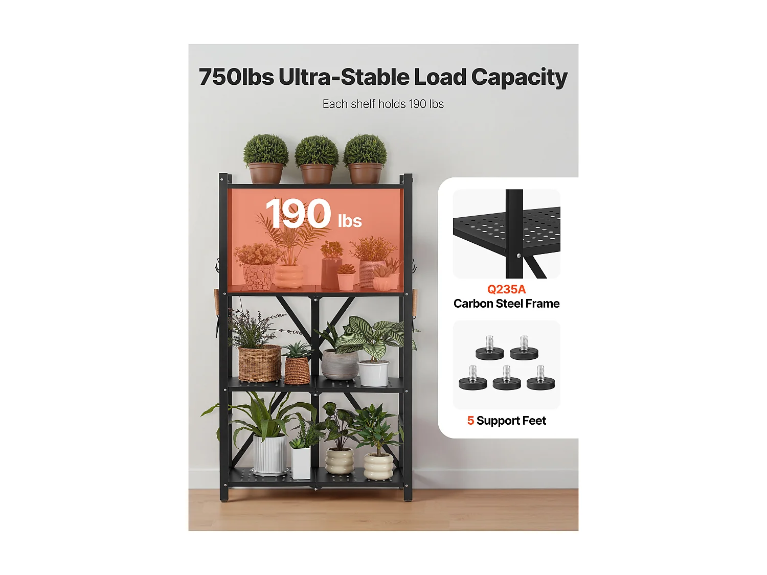 Etagère Pliable SucceBuy Étagère de Rangement Pliable à 4 Niveaux, 66 x 33 x 117 cm, en Métal, Robuste, avec 5 Roulettes et 4 Crochets, pour Cuisine, Garage, Noir