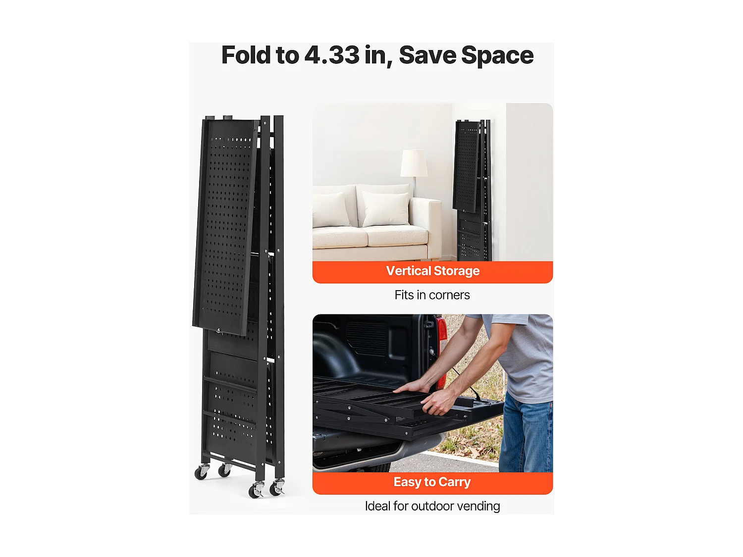 Etagère Pliable SucceBuy Étagère de Rangement Pliable à 4 Niveaux, 66 x 33 x 117 cm, en Métal, Robuste, avec 5 Roulettes et 4 Crochets, pour Cuisine, Garage, Noir