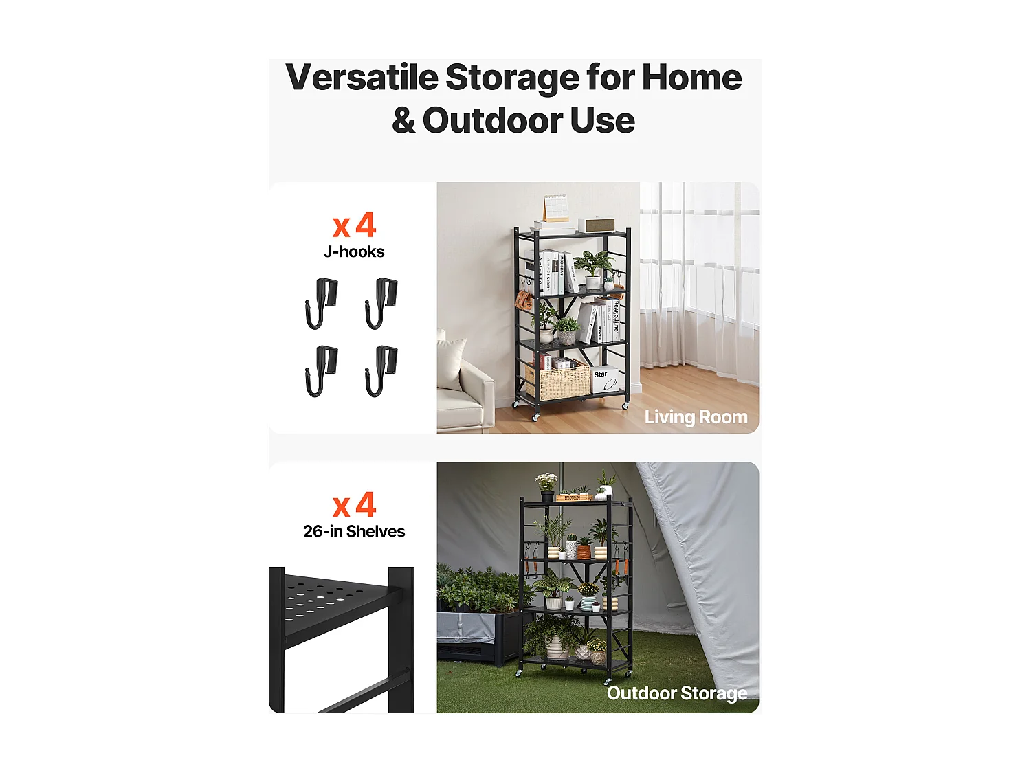 Etagère Pliable SucceBuy Étagère de Rangement Pliable à 4 Niveaux, 66 x 33 x 117 cm, en Métal, Robuste, avec 5 Roulettes et 4 Crochets, pour Cuisine, Garage, Noir