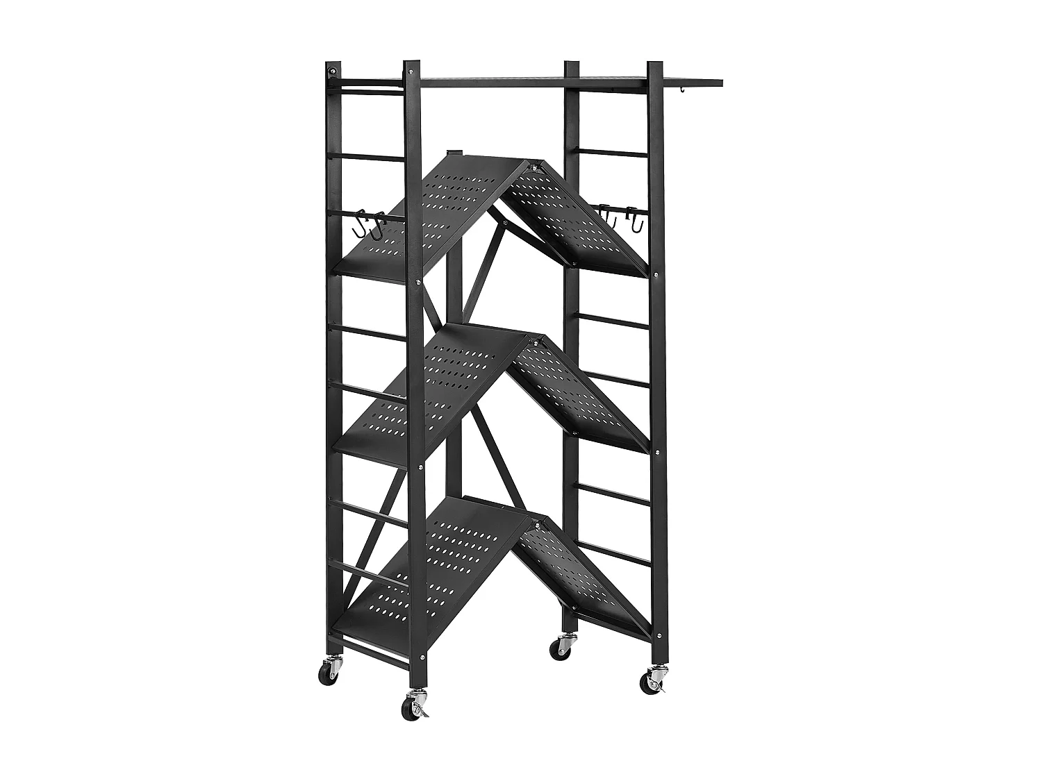 Etagère Pliable SucceBuy Étagère de Rangement Pliable à 4 Niveaux, 66 x 33 x 117 cm, en Métal, Robuste, avec 5 Roulettes et 4 Crochets, pour Cuisine, Garage, Noir