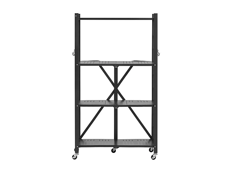 Opvouwbare Plank SucceBuy 4-laags Opvouwbaar Opbergrek, 66 x 33 x 117 cm, Zwaar Metaal, met 5 Wielenen 4 Haken, voor Keuken, Garage, Voorraadkast, Kelder, Zwart