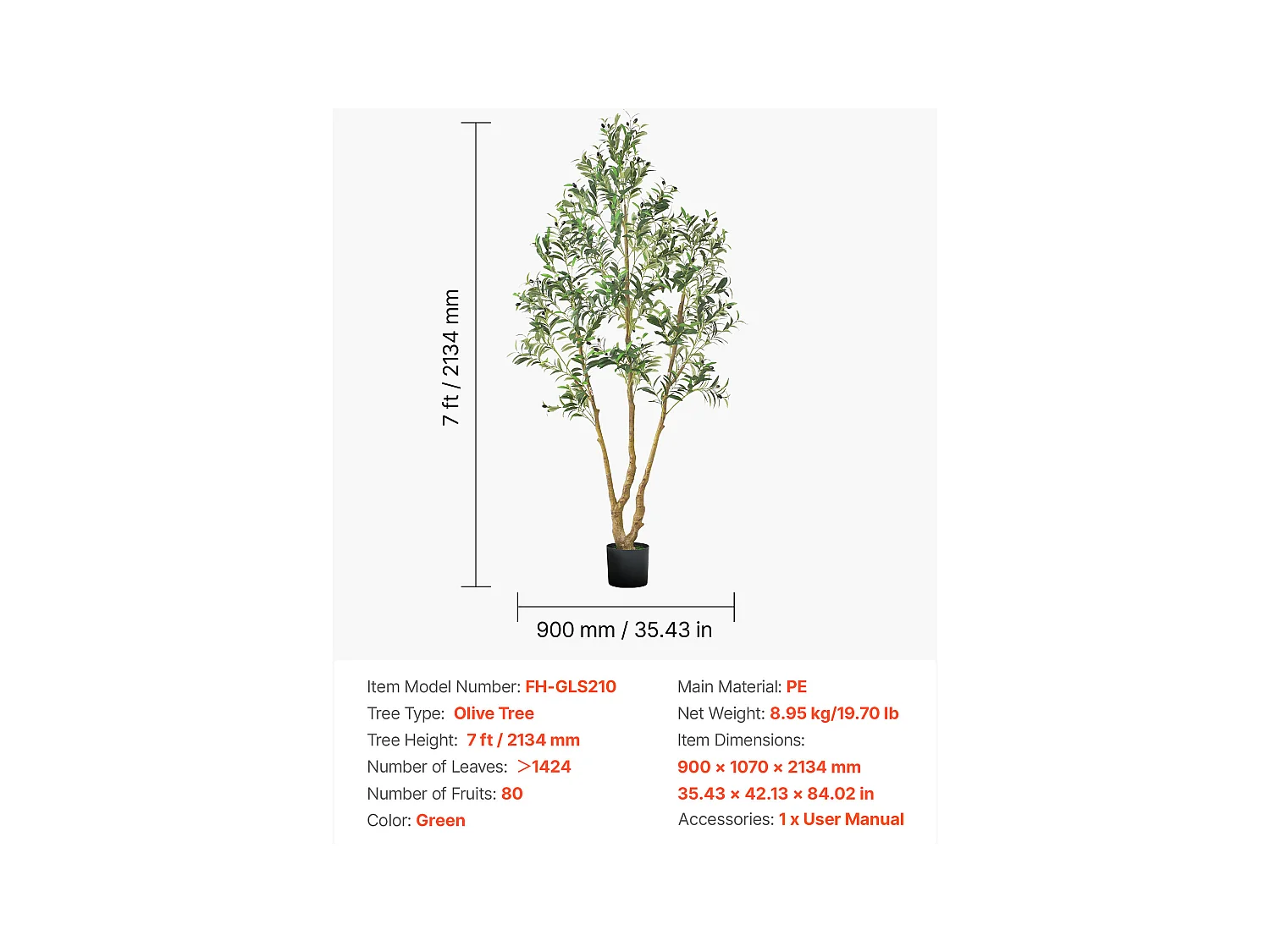 Arbres Artificiel SucceBuy Arbre Artificiel 210 cm, Plante Décorative en PE avec Pot Noir, Tronc et Feuilles Réalistes, Faux Olivier pour Bureau, Salon, Chambre