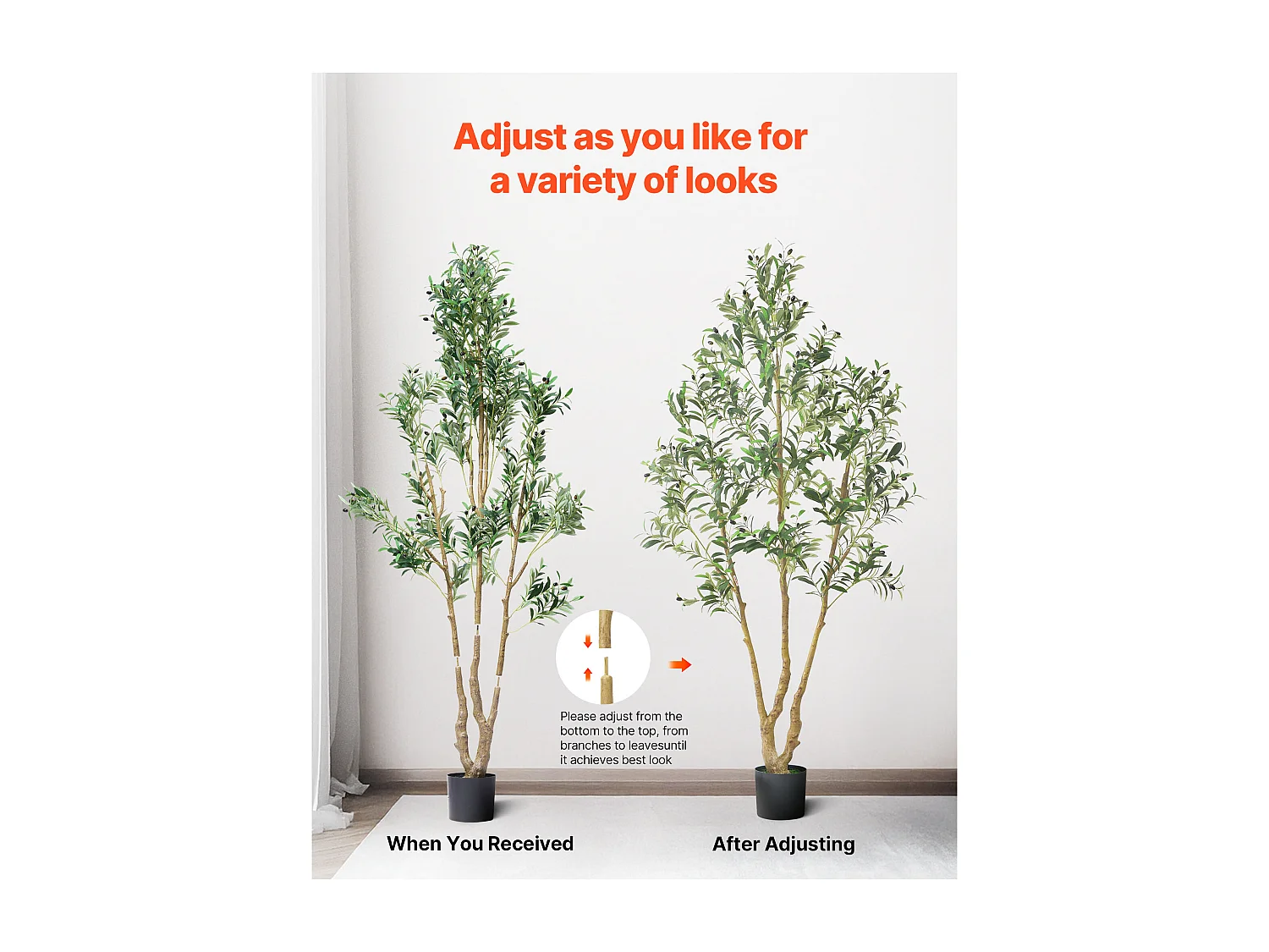 Arbres Artificiel SucceBuy Arbre Artificiel 210 cm, Plante Décorative en PE avec Pot Noir, Tronc et Feuilles Réalistes, Faux Olivier pour Bureau, Salon, Chambre