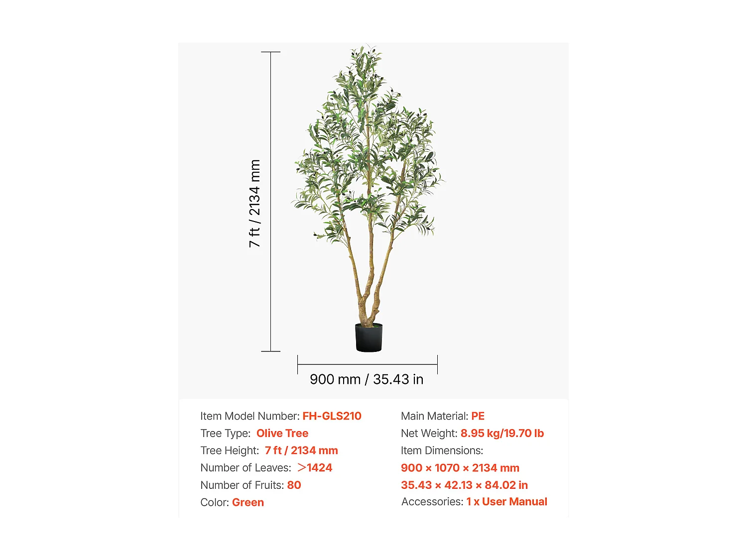 Arbres Artificiel SucceBuy Arbre Artificiel 210 cm, Plante Décorative en PE avec Pot Noir, Tronc et Feuilles Réalistes, Faux Olivier pour Bureau, Salon, Chambre