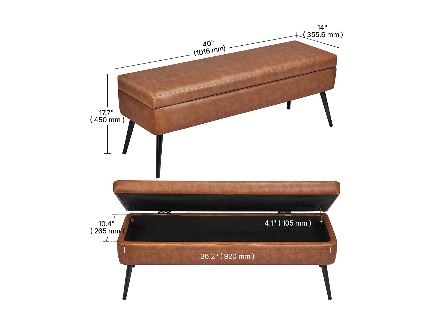 Banc Bout de Lit Succebuy Banc Coffre en Cuir PU de 1016 mm avec Rangement et Pieds en Métal, Banquette Élégante pour Chambre, Entrée, Salon, Marron