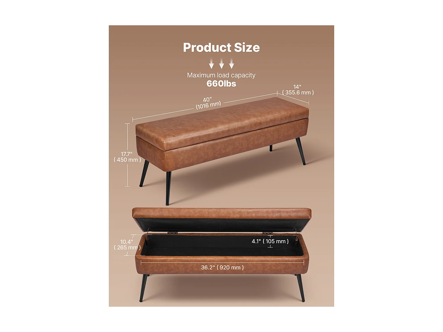 Banc Bout de Lit Succebuy Banc Coffre en Cuir PU de 1016 mm avec Rangement et Pieds en Métal, Banquette Élégante pour Chambre, Entrée, Salon, Marron