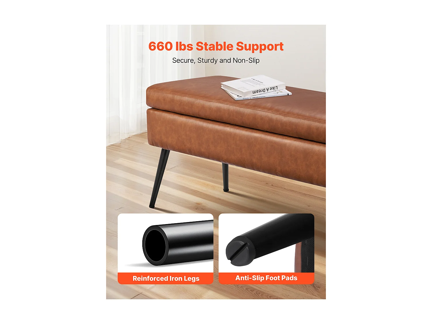 Banc Bout de Lit Succebuy Banc Coffre en Cuir PU de 1016 mm avec Rangement et Pieds en Métal, Banquette Élégante pour Chambre, Entrée, Salon, Marron