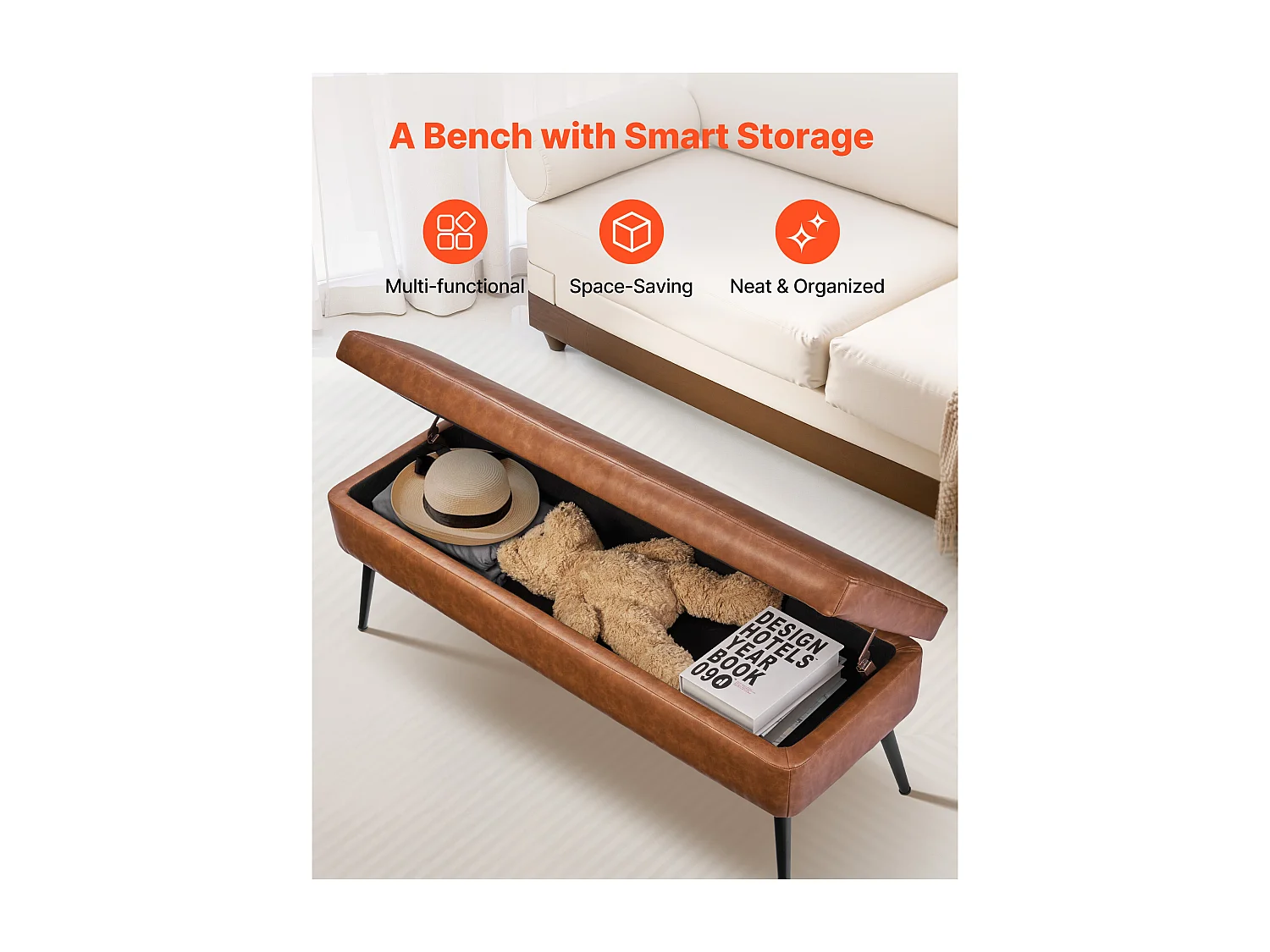 Banc Bout de Lit Succebuy Banc Coffre en Cuir PU de 1016 mm avec Rangement et Pieds en Métal, Banquette Élégante pour Chambre, Entrée, Salon, Marron