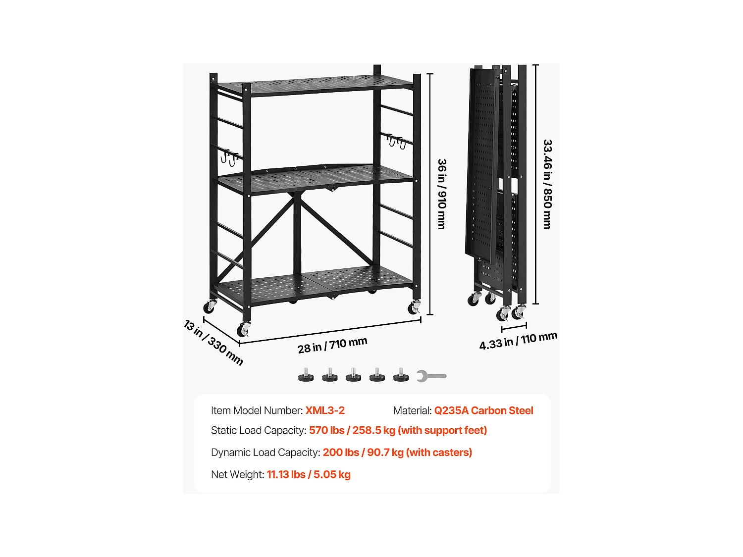 Estante Plegable SucceBuy Estantería Plegable de 3 Niveles, 71 x 33 x 91 cm, Metal Resistente, con Ruedas y Ganchos, para Despensa, Cocina. Color Negro