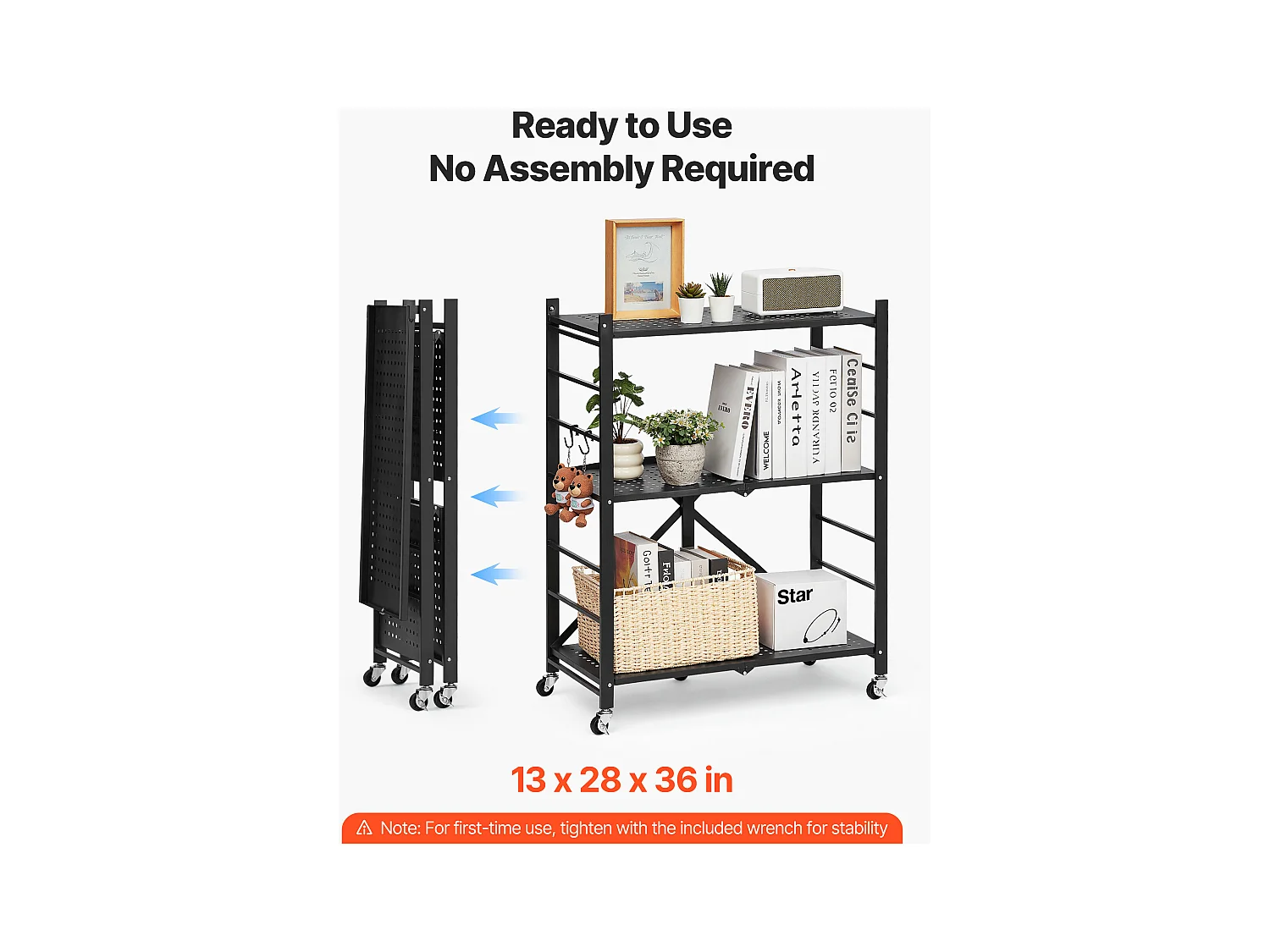 Estante Plegable SucceBuy Estantería Plegable de 3 Niveles, 71 x 33 x 91 cm, Metal Resistente, con Ruedas y Ganchos, para Despensa, Cocina. Color Negro