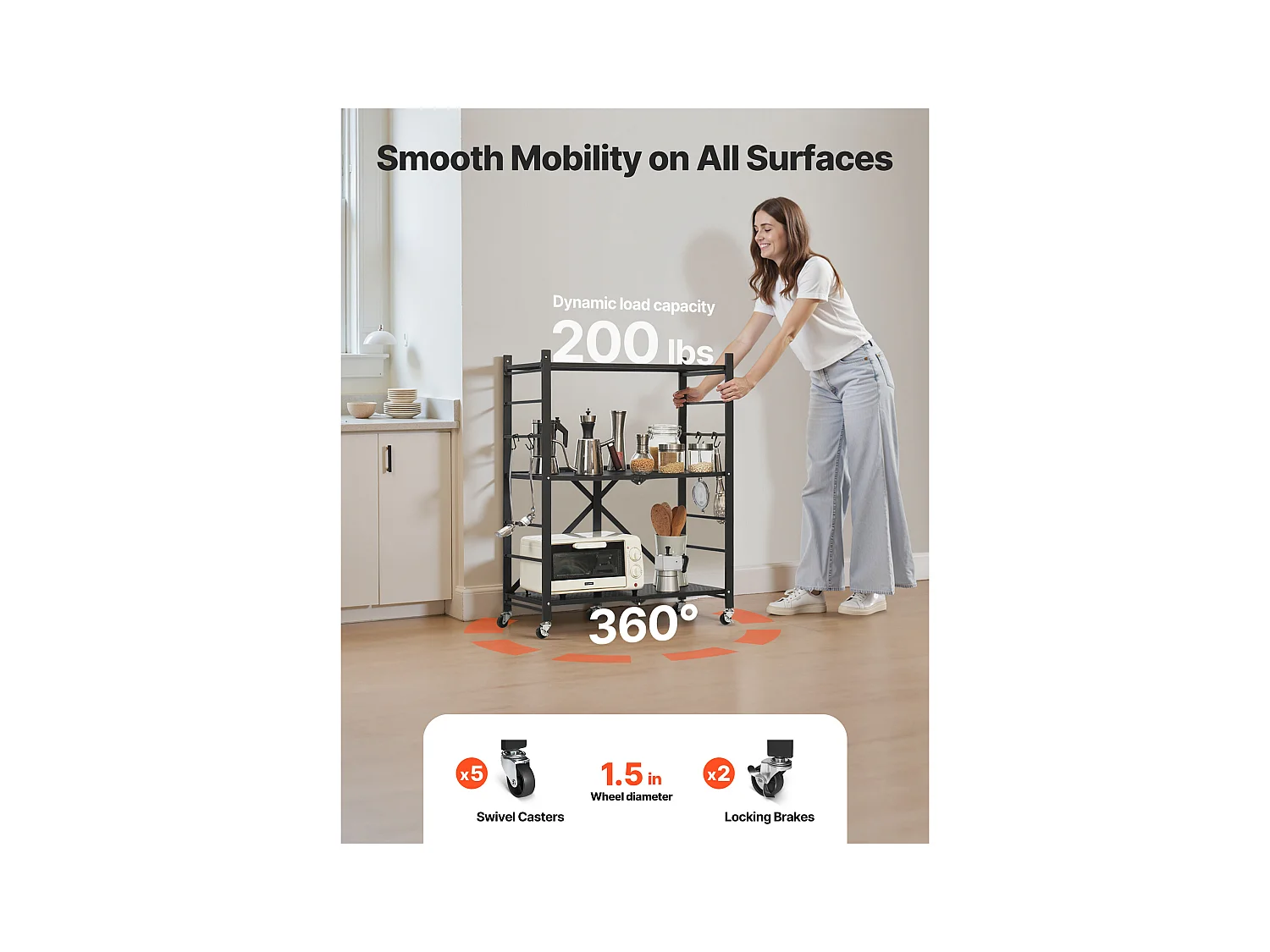 Estante Plegable SucceBuy Estantería Plegable de 3 Niveles, 71 x 33 x 91 cm, Metal Resistente, con Ruedas y Ganchos, para Despensa, Cocina. Color Negro