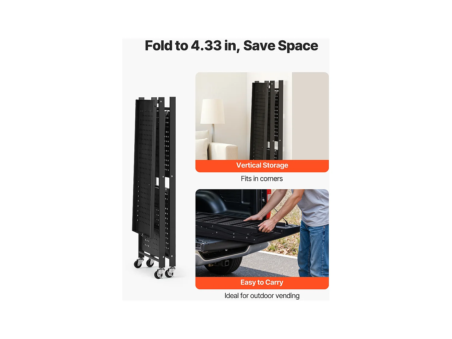 Estante Plegable SucceBuy Estantería Plegable de 3 Niveles, 71 x 33 x 91 cm, Metal Resistente, con Ruedas y Ganchos, para Despensa, Cocina. Color Negro