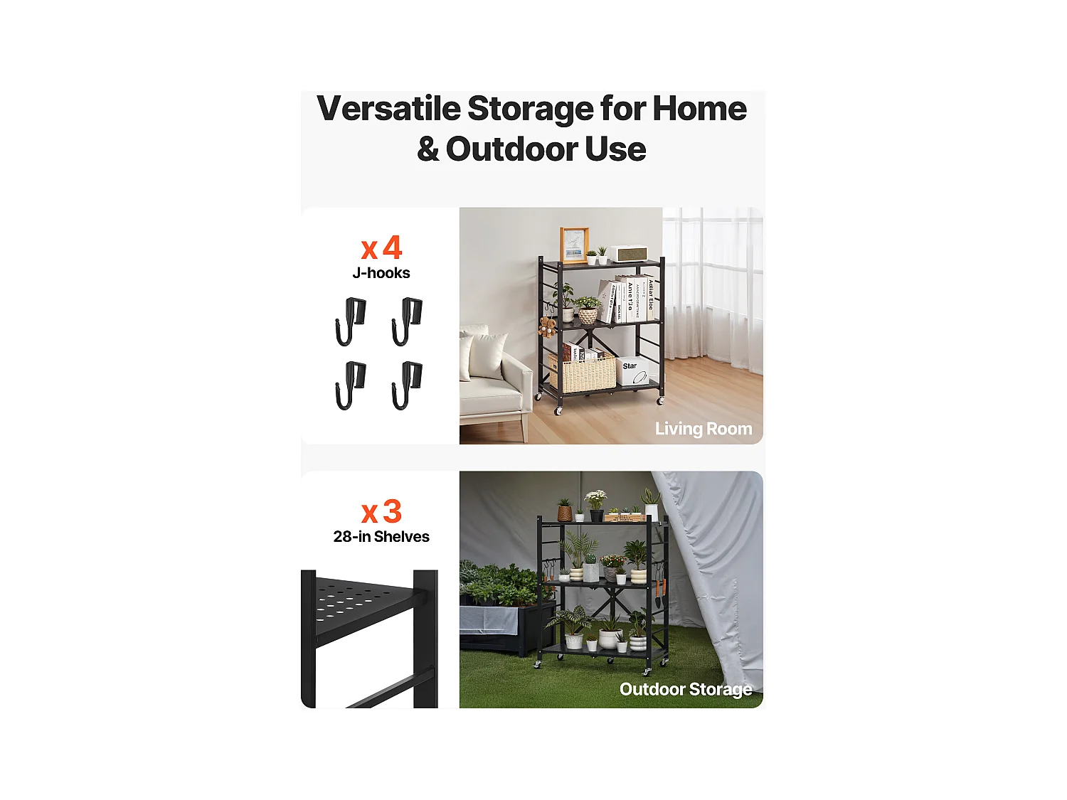 Estante Plegable SucceBuy Estantería Plegable de 3 Niveles, 71 x 33 x 91 cm, Metal Resistente, con Ruedas y Ganchos, para Despensa, Cocina. Color Negro