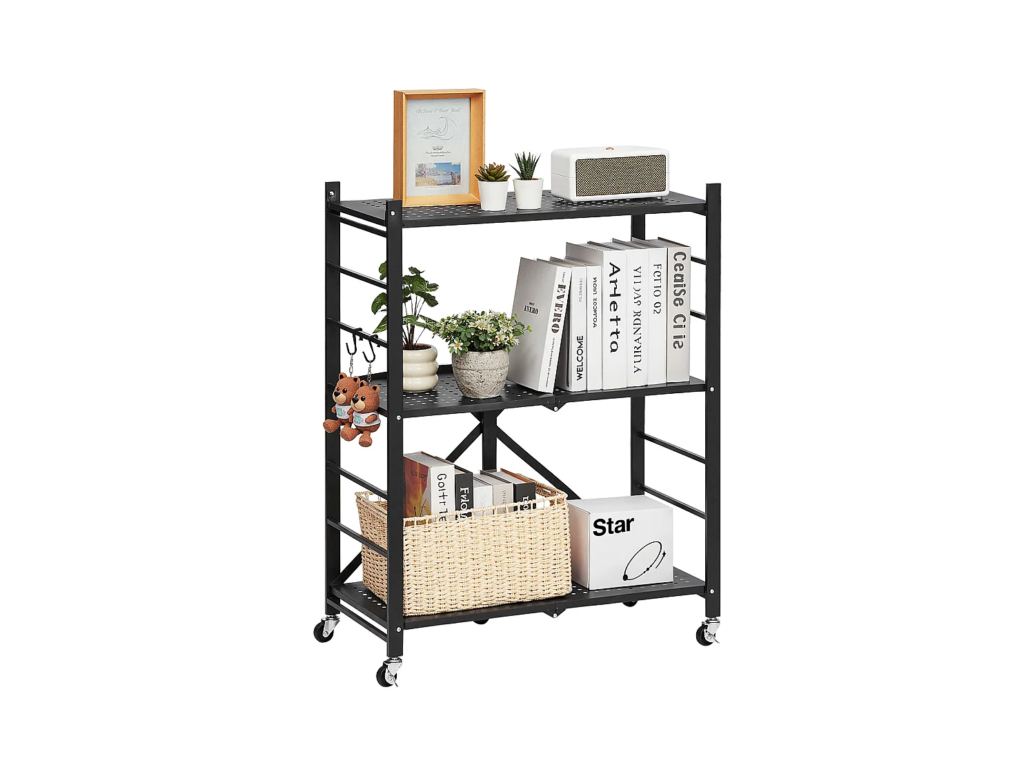 Estante Plegable SucceBuy Estantería Plegable de 3 Niveles, 71 x 33 x 91 cm, Metal Resistente, con Ruedas y Ganchos, para Despensa, Cocina. Color Negro