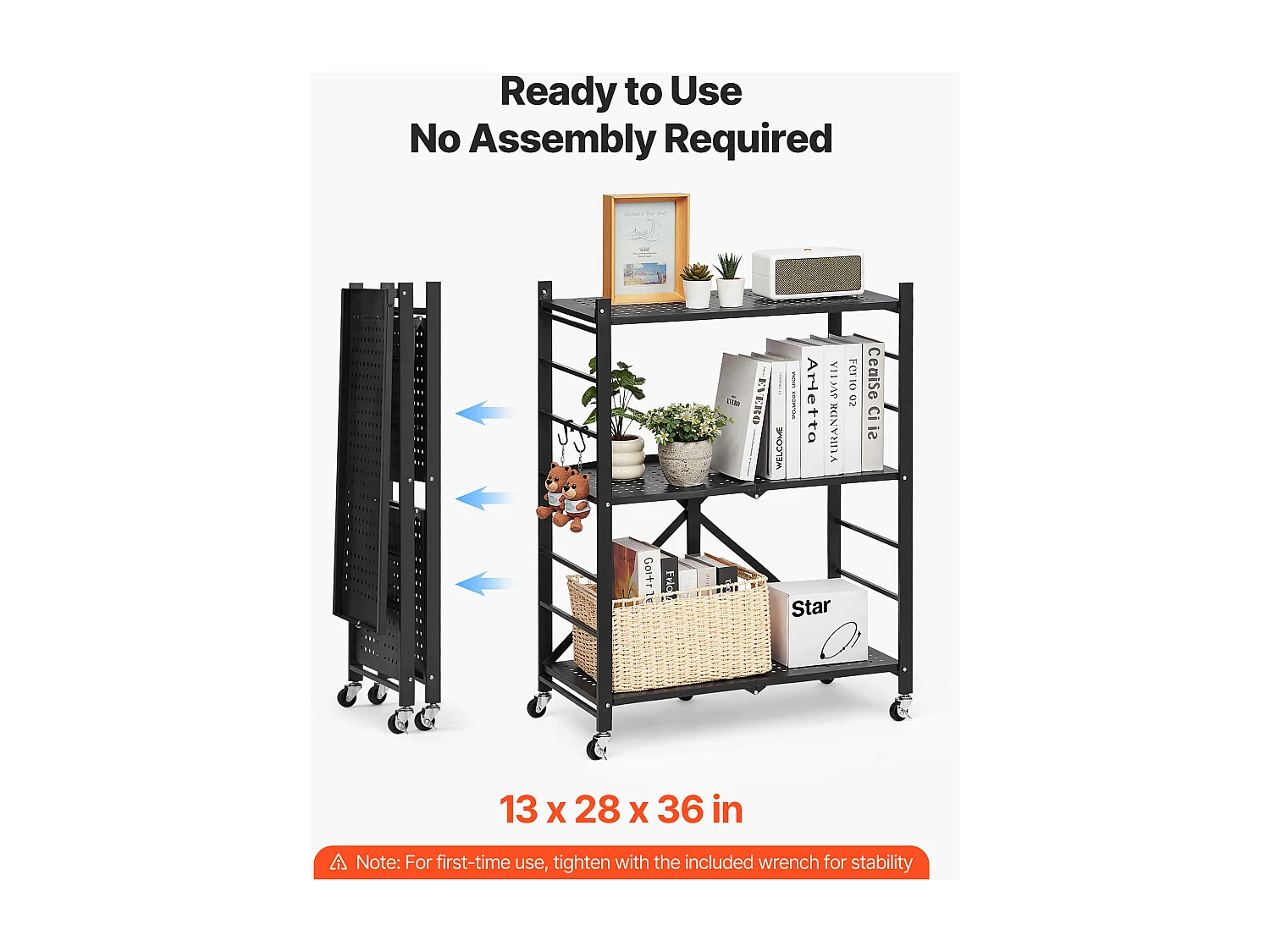 Estante Plegable SucceBuy Estantería Plegable de 3 Niveles, 71 x 33 x 91 cm, Metal Resistente, con Ruedas y Ganchos, para Despensa, Cocina. Color Negro