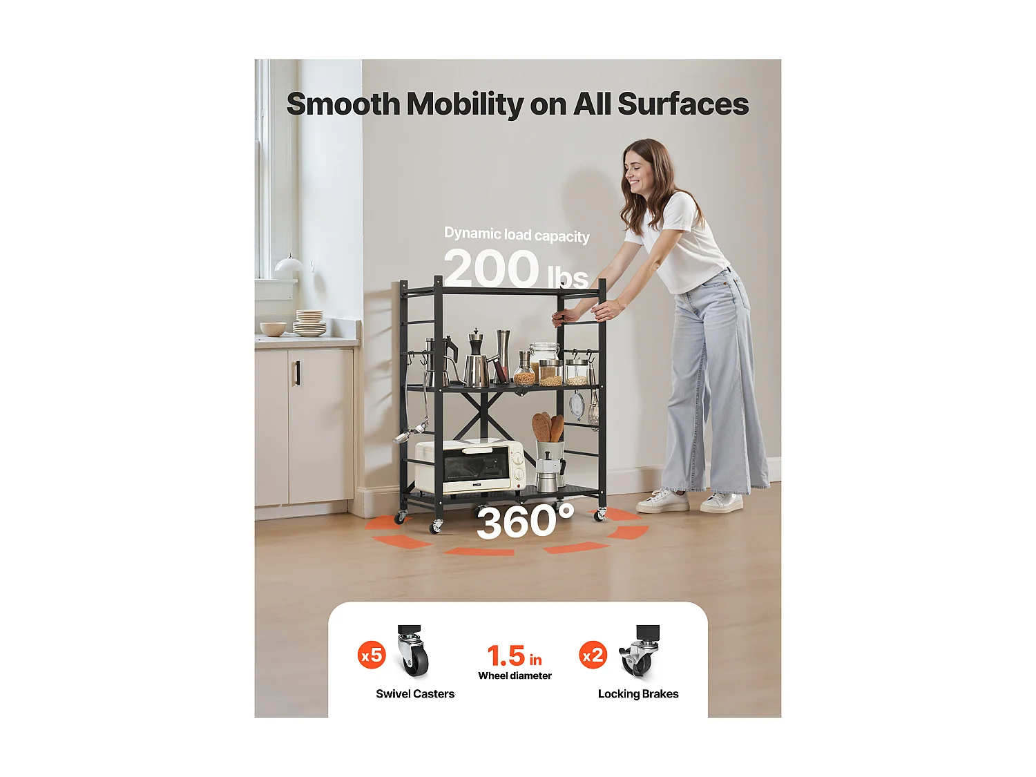 Estante Plegable SucceBuy Estantería Plegable de 3 Niveles, 71 x 33 x 91 cm, Metal Resistente, con Ruedas y Ganchos, para Despensa, Cocina. Color Negro