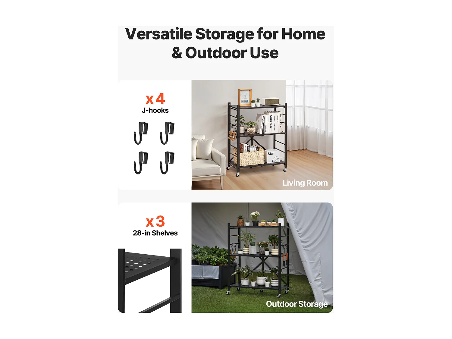 Estante Plegable SucceBuy Estantería Plegable de 3 Niveles, 71 x 33 x 91 cm, Metal Resistente, con Ruedas y Ganchos, para Despensa, Cocina. Color Negro