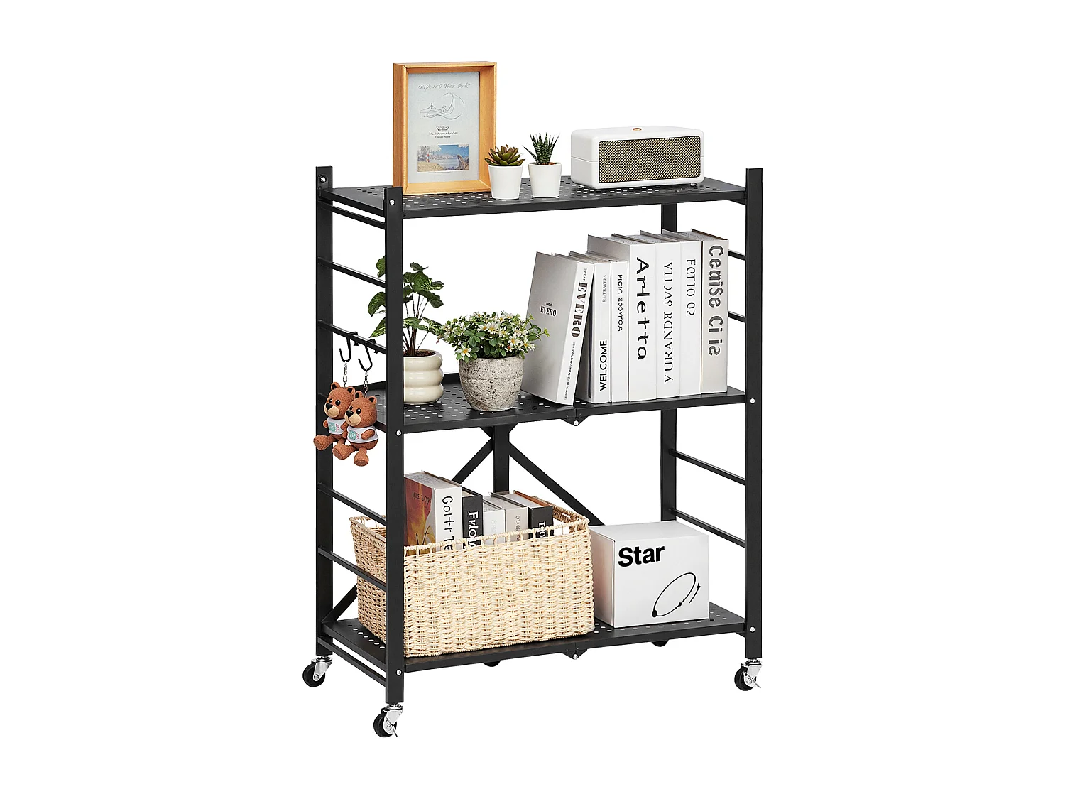 Estante Plegable SucceBuy Estantería Plegable de 3 Niveles, 71 x 33 x 91 cm, Metal Resistente, con Ruedas y Ganchos, para Despensa, Cocina. Color Negro