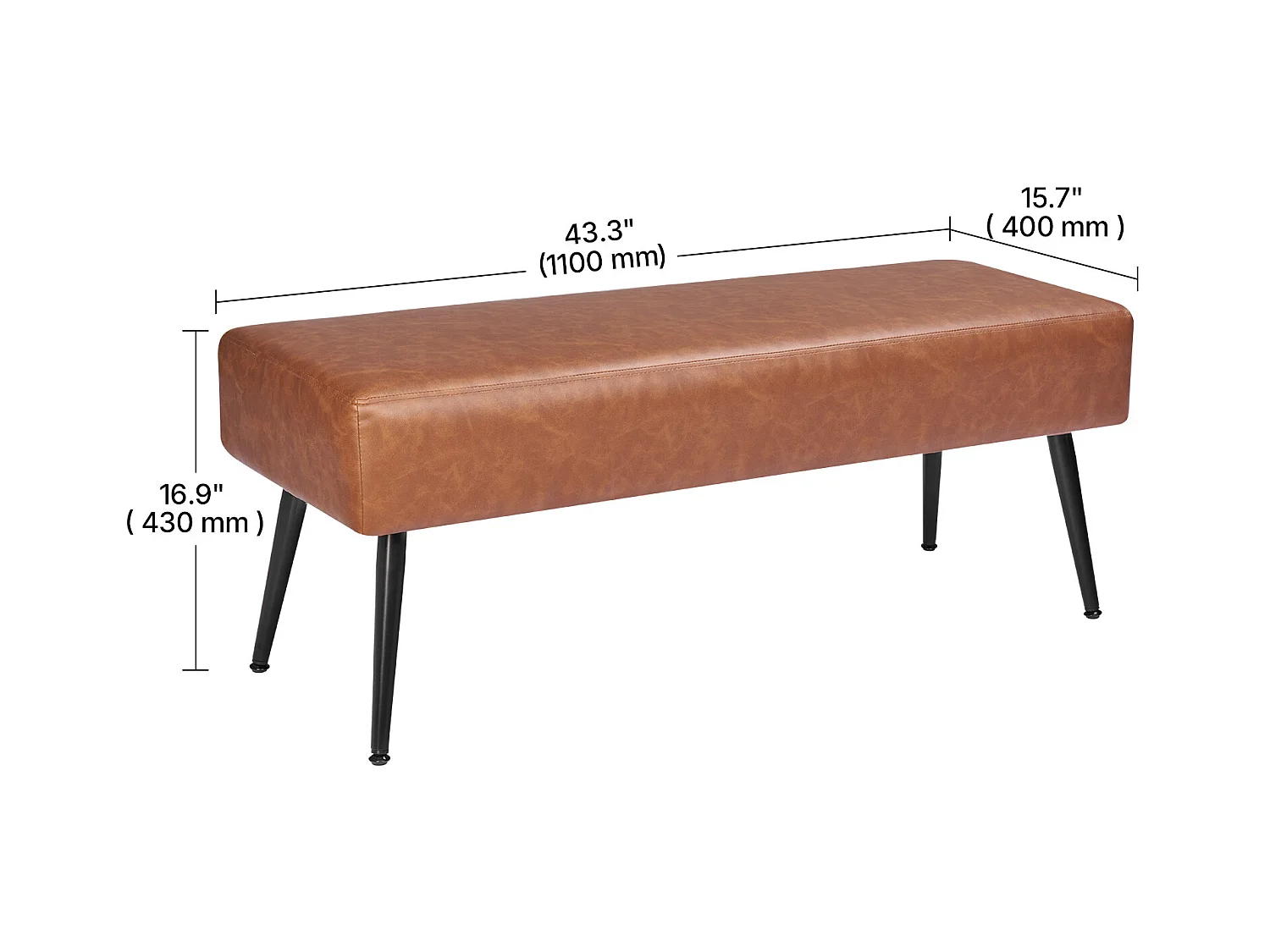 Banco de Cabecera Succebuy Banco de Piel Sintética de 110 x 40 x 43 cm con Patas de Metal, Moderno Banco para Dormitorio, Entrada, Salón, Comedor (Marrón)