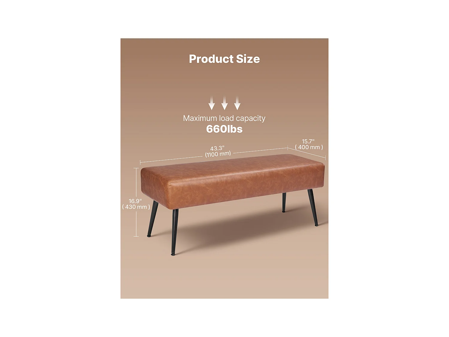 Banco de Cabecera Succebuy Banco de Piel Sintética de 110 x 40 x 43 cm con Patas de Metal, Moderno Banco para Dormitorio, Entrada, Salón, Comedor (Marrón)