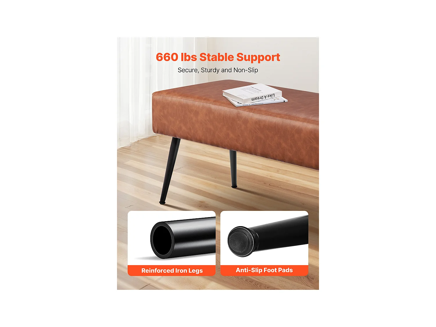 Banco de Cabecera Succebuy Banco de Piel Sintética de 110 x 40 x 43 cm con Patas de Metal, Moderno Banco para Dormitorio, Entrada, Salón, Comedor (Marrón)