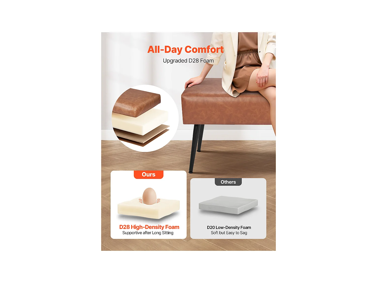 Banco de Cabecera Succebuy Banco de Piel Sintética de 110 x 40 x 43 cm con Patas de Metal, Moderno Banco para Dormitorio, Entrada, Salón, Comedor (Marrón)