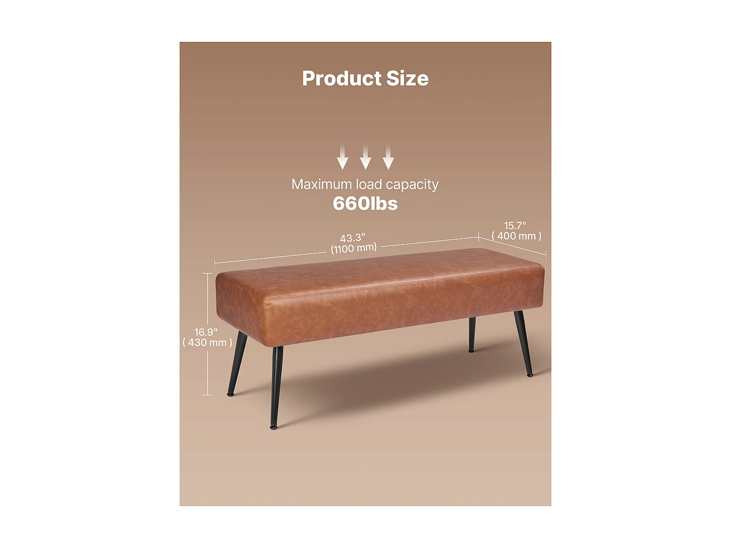 Banc Bout de Lit Succebuy Banc en Cuir PU de 110 x 40 x 43 cm, avec Pieds en Métal, Banquette Moderne pour Chambre, Entrée, Salon, Salle à Manger, Couloir, Marron