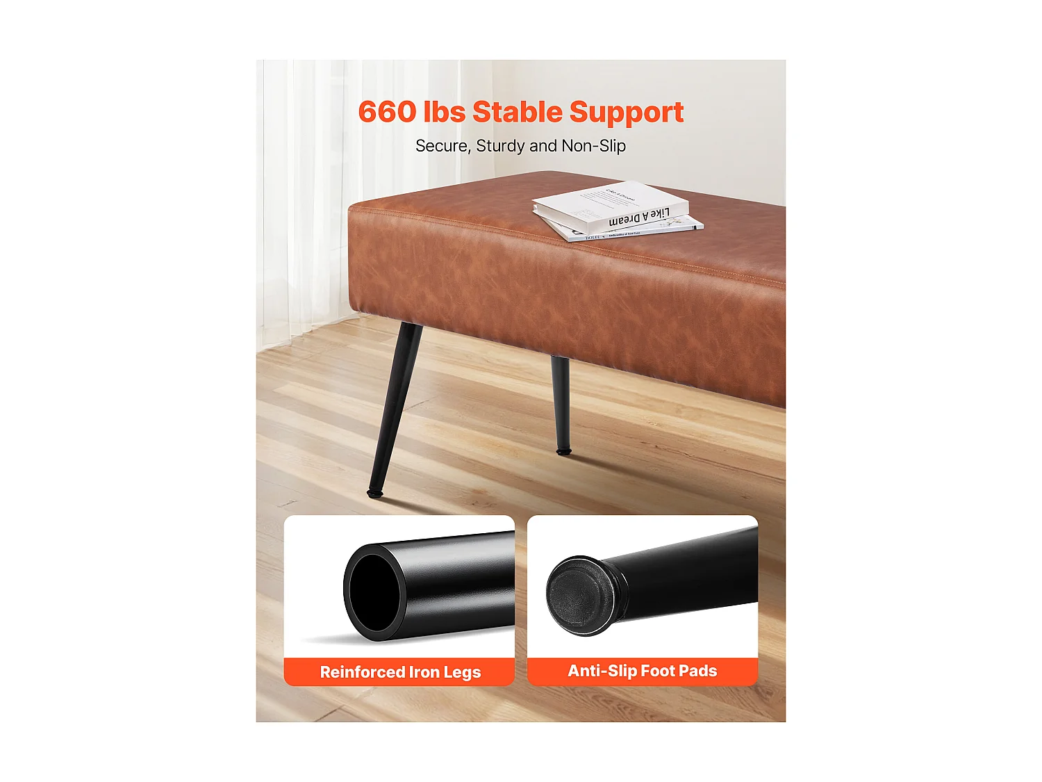 Banc Bout de Lit Succebuy Banc en Cuir PU de 110 x 40 x 43 cm, avec Pieds en Métal, Banquette Moderne pour Chambre, Entrée, Salon, Salle à Manger, Couloir, Marron