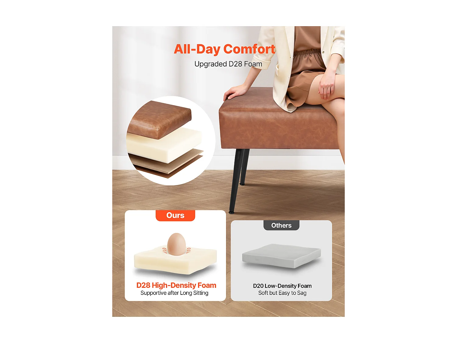 Banc Bout de Lit Succebuy Banc en Cuir PU de 110 x 40 x 43 cm, avec Pieds en Métal, Banquette Moderne pour Chambre, Entrée, Salon, Salle à Manger, Couloir, Marron