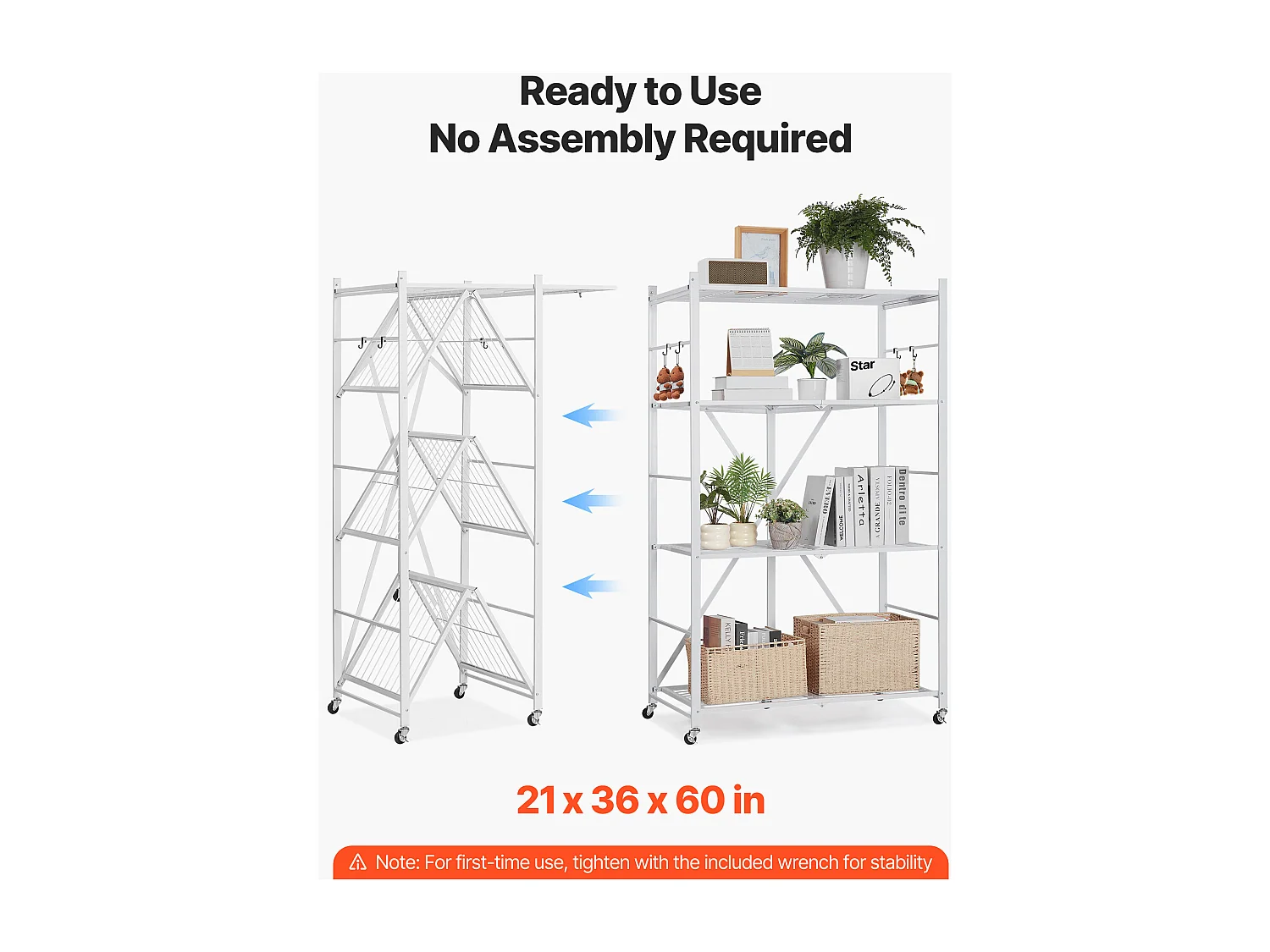 Klappbares Regal SucceBuy Mobiles Klappregal mit 4 Ebenen, Stabler Metallrahmen, Statische Tragkraft von 340 kg und Dynamische Tragkraft von 90,7 kg