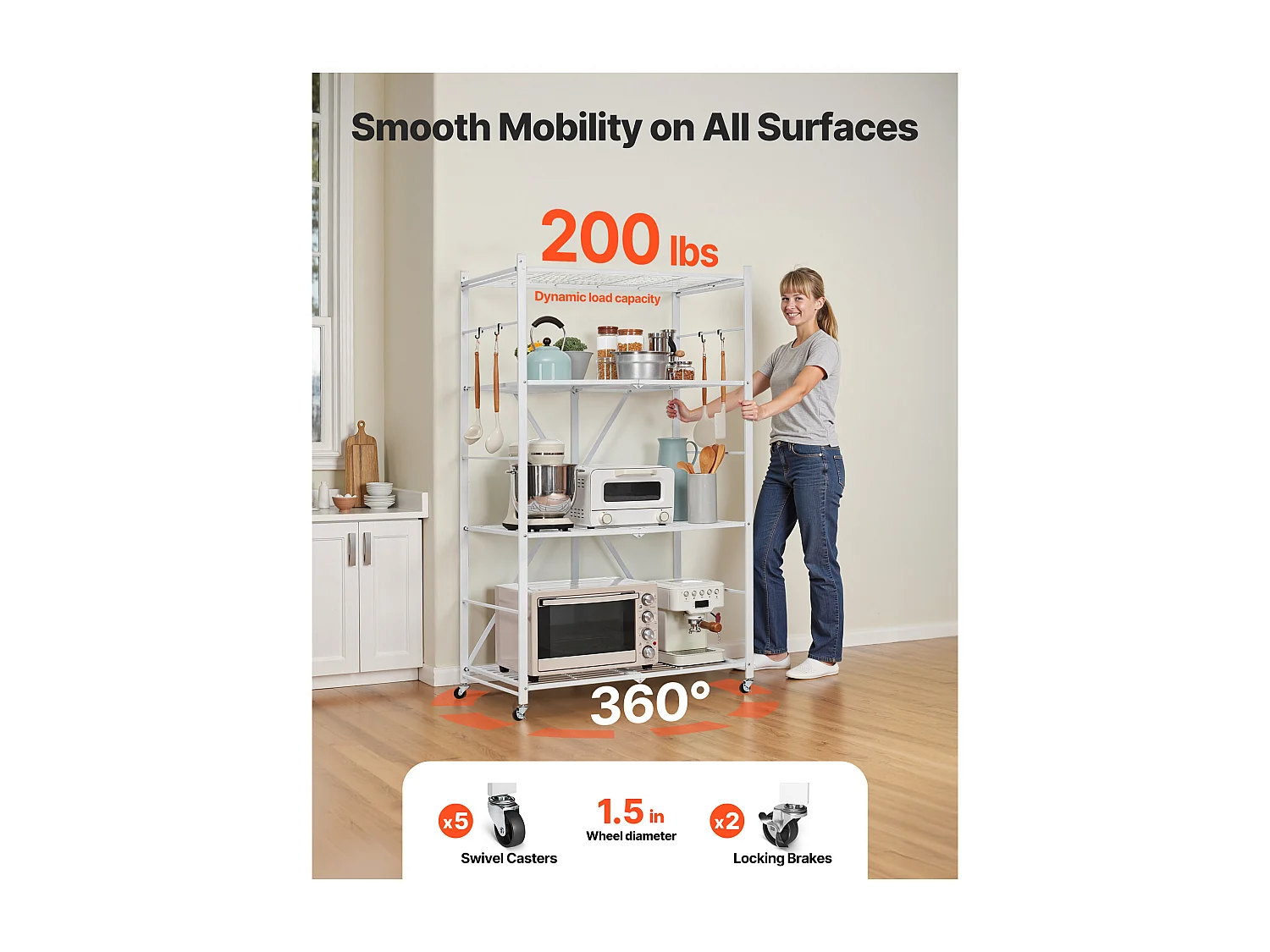 Klappbares Regal SucceBuy Mobiles Klappregal mit 4 Ebenen, Stabler Metallrahmen, Statische Tragkraft von 340 kg und Dynamische Tragkraft von 90,7 kg