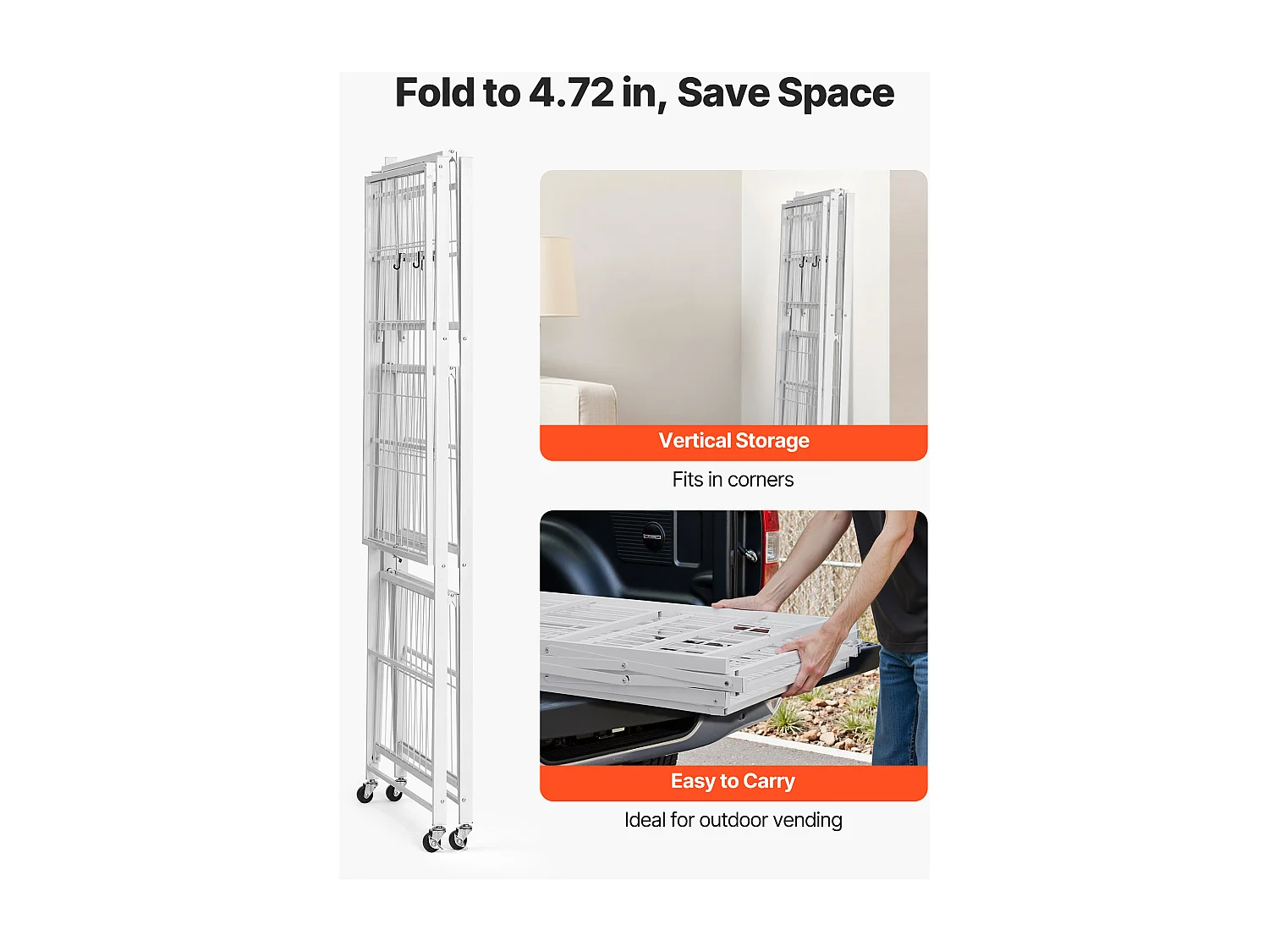 Klappbares Regal SucceBuy Mobiles Klappregal mit 4 Ebenen, Stabler Metallrahmen, Statische Tragkraft von 340 kg und Dynamische Tragkraft von 90,7 kg