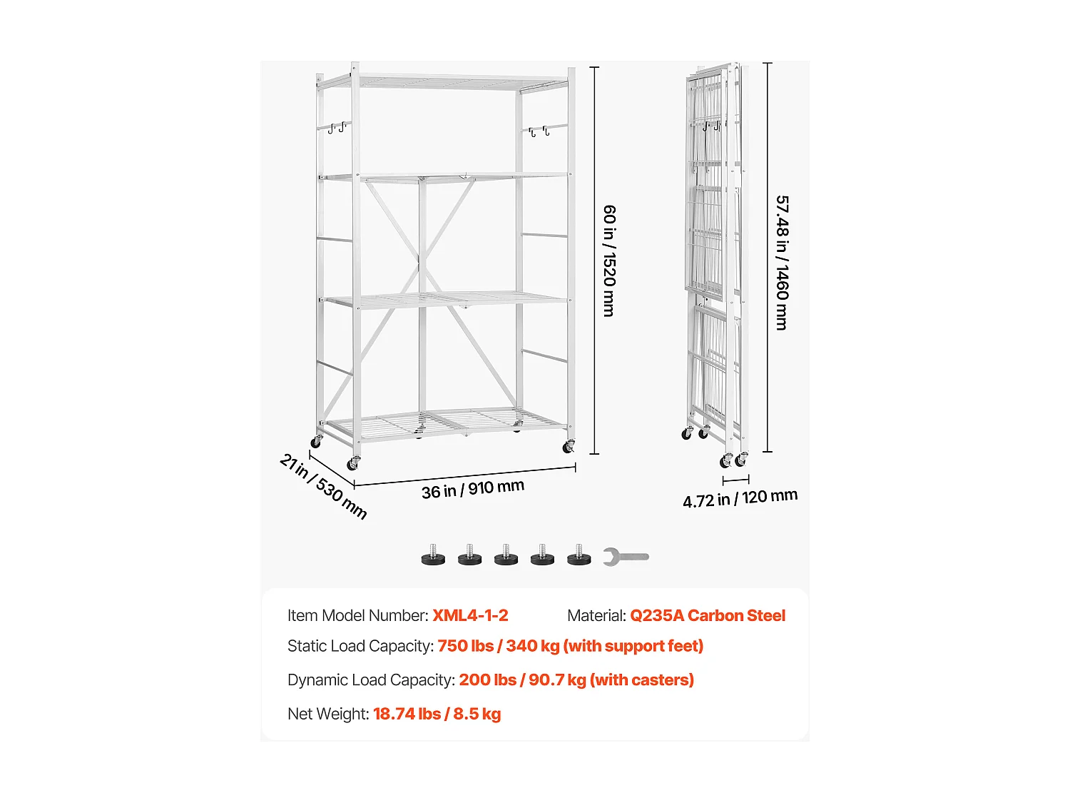 Estante Plegable SucceBuy Estantería Plegable Móvil de 4 Niveles, 91 x 53 x 152 cm, Estructura Metálica Robusta, Capacidad Estática de 340 kg y Dinámica de 90,7 kg