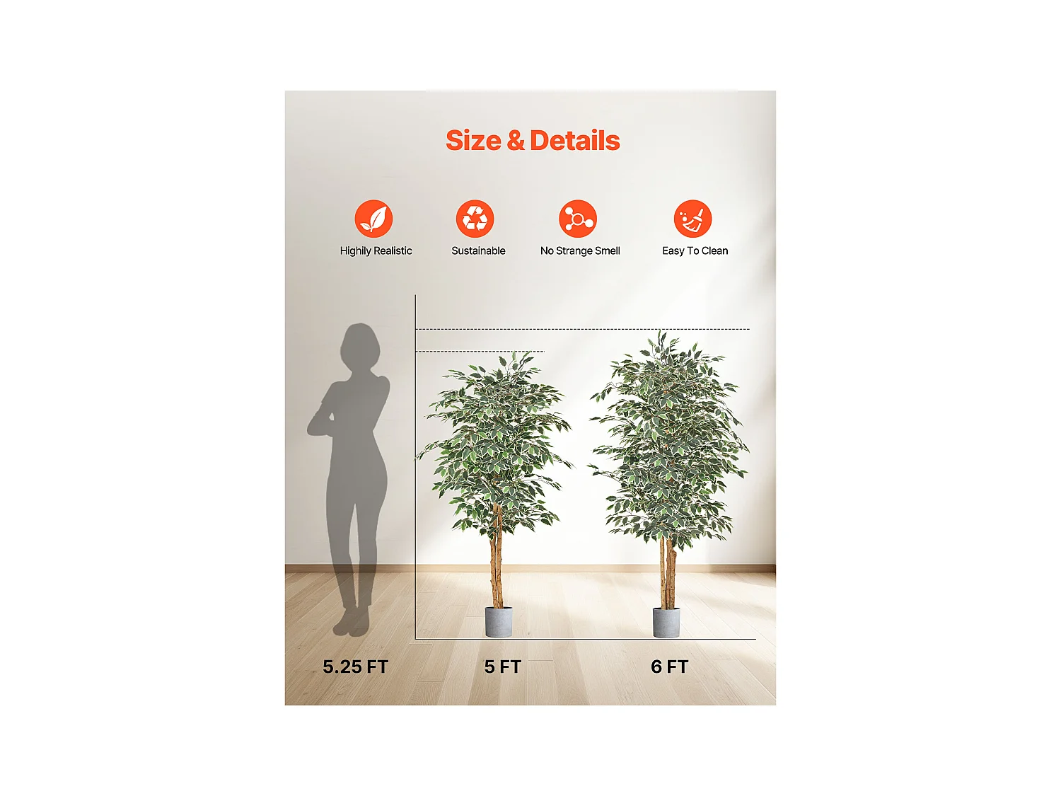 Künstliche Bäume SucceBuy 150 cm Kunstbaum, Dekorative PE-Pflanze mit Schwarzem Topf, Naturgetreuem Stamm und Grünen Blättern, Kunst-Ficus für Büro, Wohnzimmer