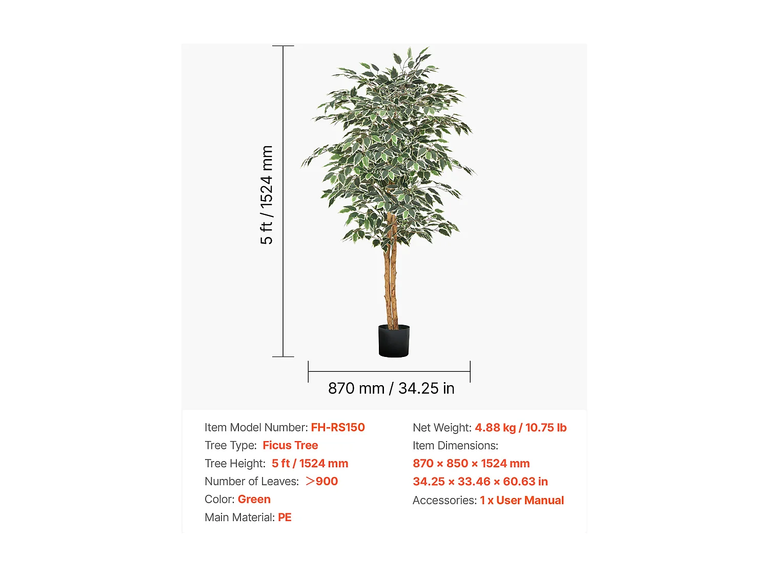 Arbres Artificiel SucceBuy Arbre Artificiel 150 cm, Plante Décorative en PE avec Pot Noir, Tronc et Feuilles Vertes Réalistes, Faux Ficus pour Bureau, Salon