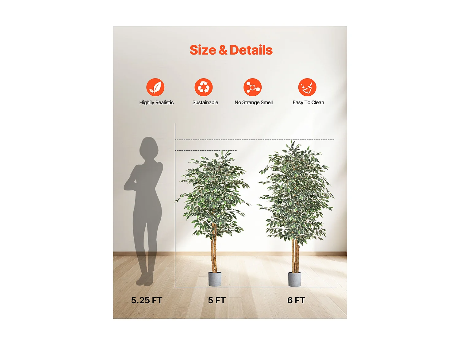 Arbres Artificiel SucceBuy Arbre Artificiel 150 cm, Plante Décorative en PE avec Pot Noir, Tronc et Feuilles Vertes Réalistes, Faux Ficus pour Bureau, Salon