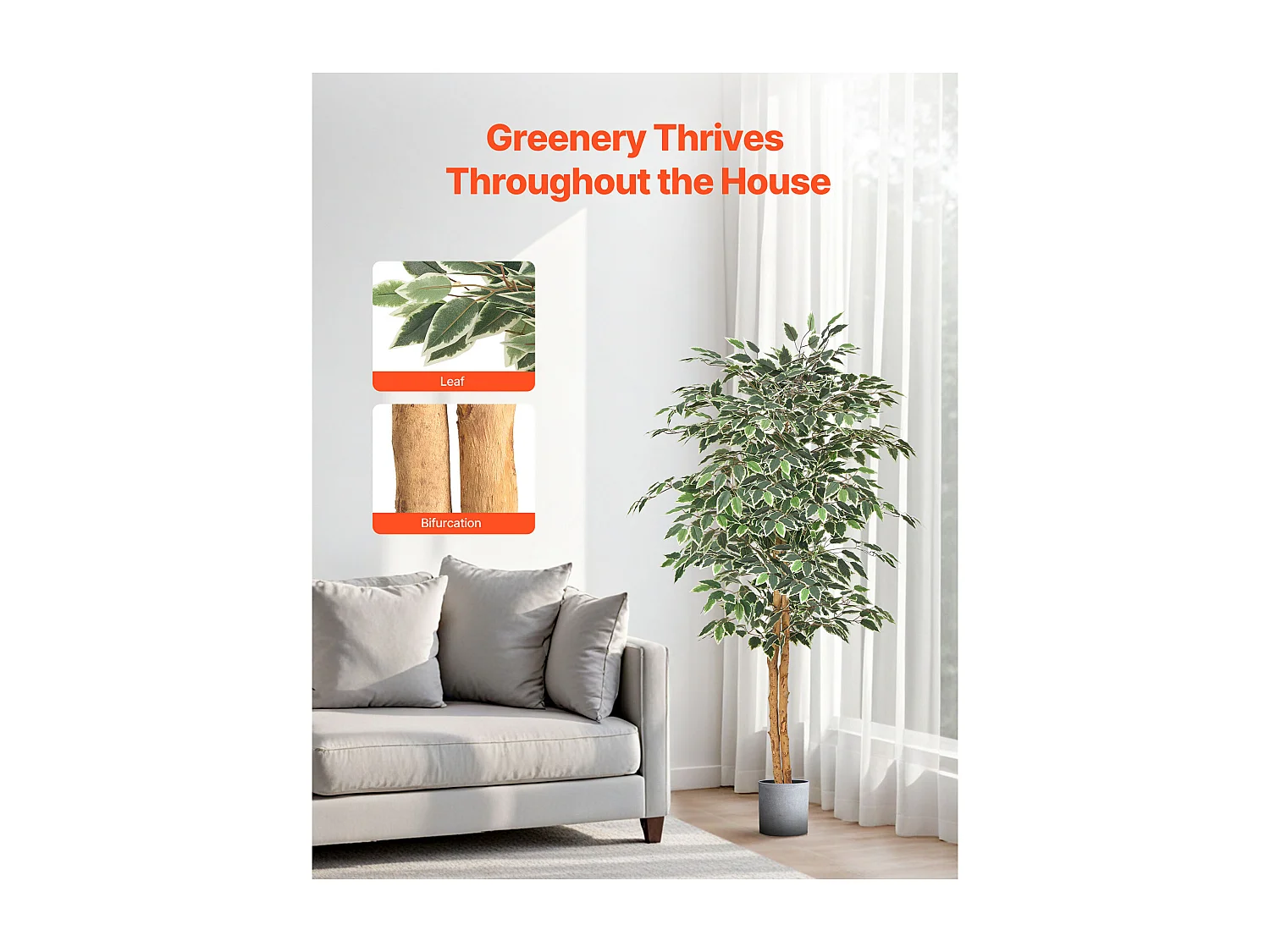 Arbres Artificiel SucceBuy Arbre Artificiel 150 cm, Plante Décorative en PE avec Pot Noir, Tronc et Feuilles Vertes Réalistes, Faux Ficus pour Bureau, Salon